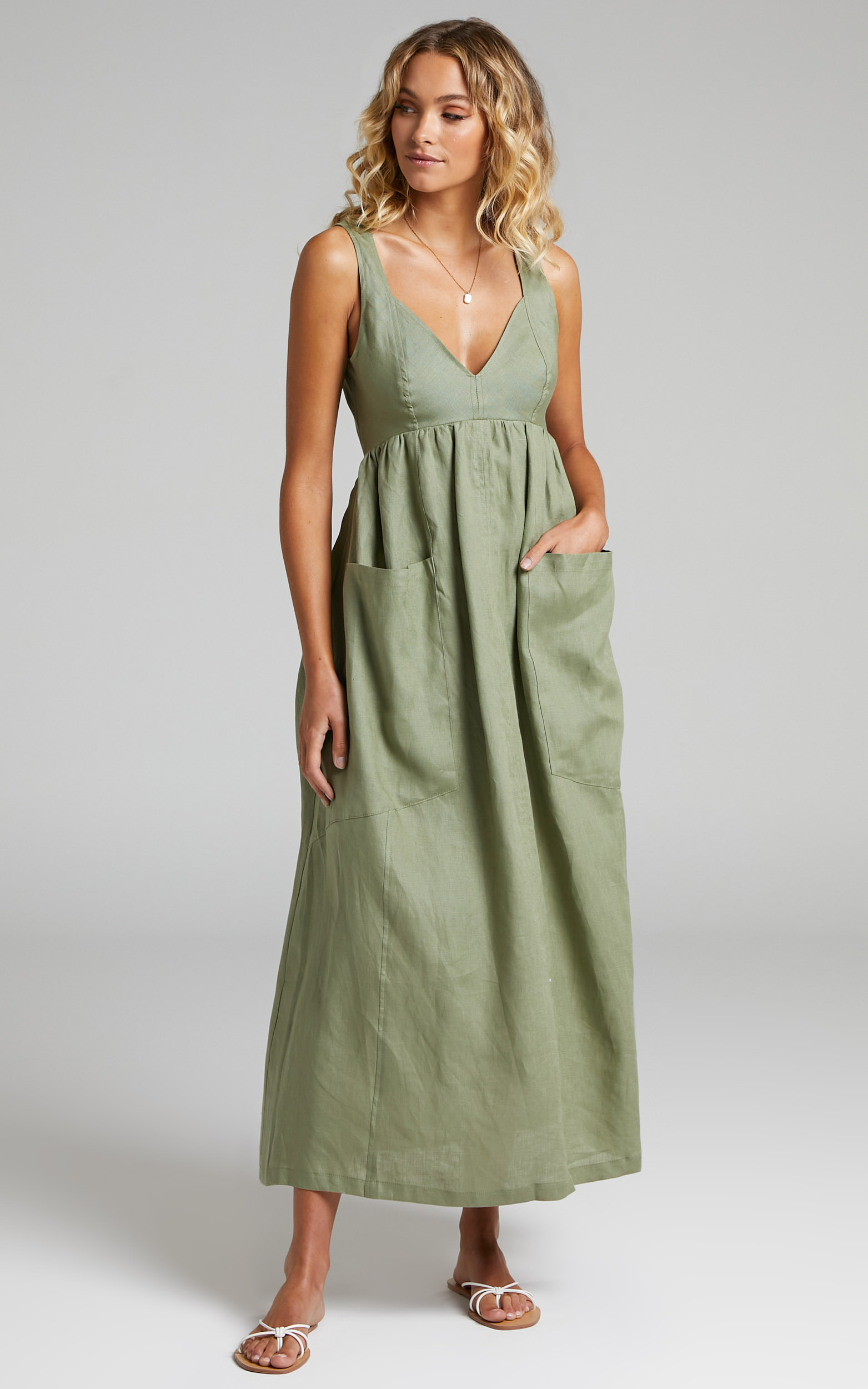 Amalie The Label - Edlynne Linen Topstitched Open Back Midi Dress in Khaki - 06, GRN1, hi-res image number null