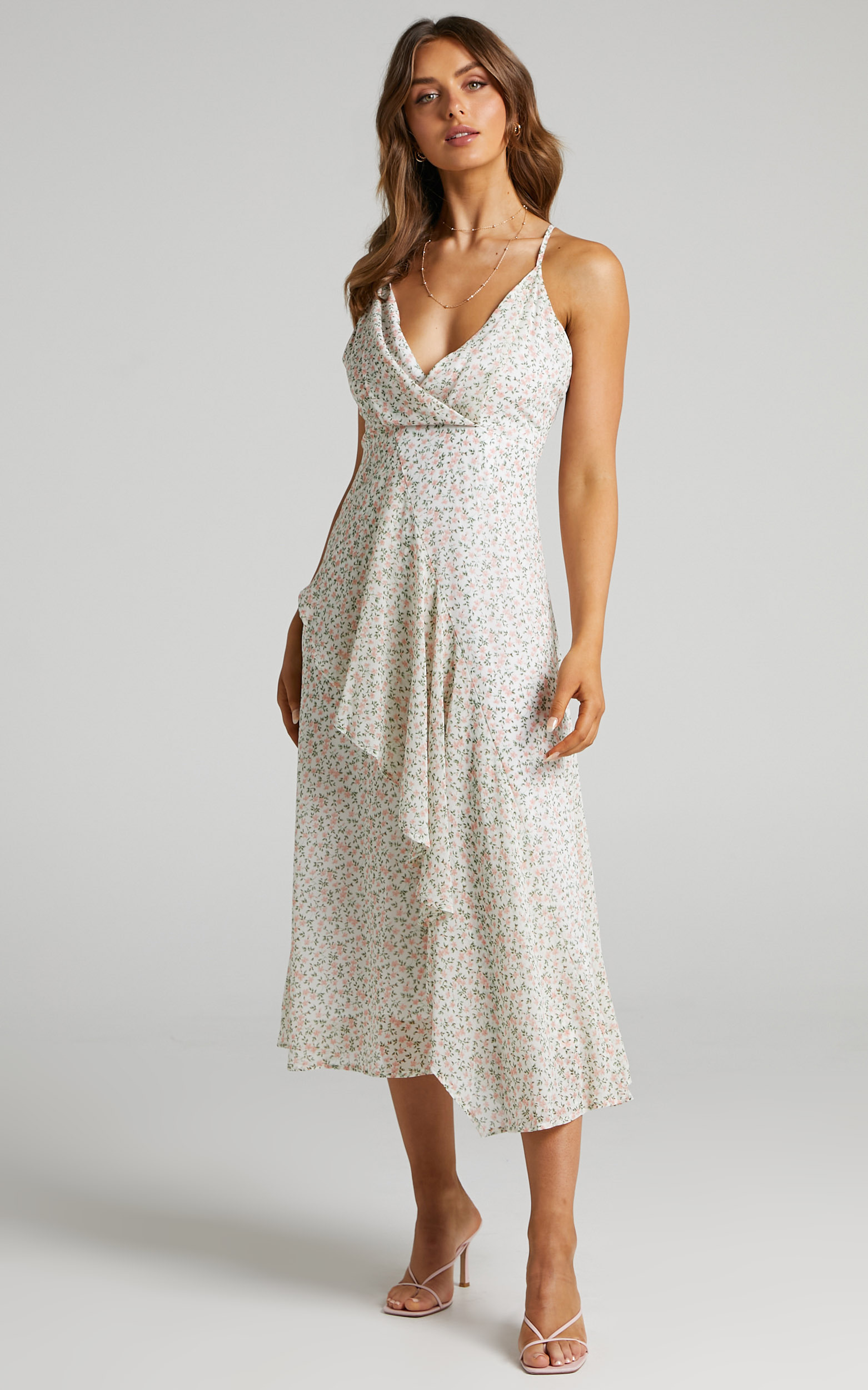 Luca Cowl Neck Midi Dress in White Floral - 06, WHT1, hi-res image number null