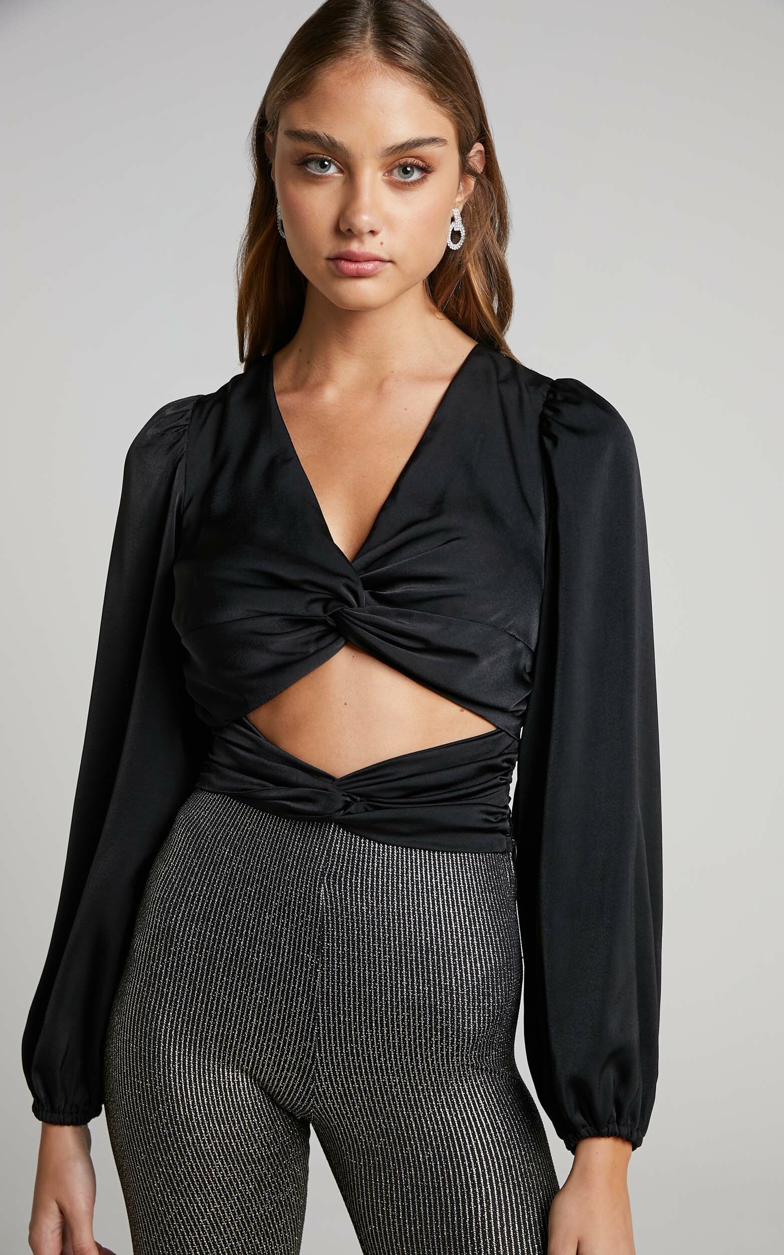 Ransley Top - Cut Out Twist Front Long Sleeve Blouse in Black - 06, BLK1, hi-res image number null