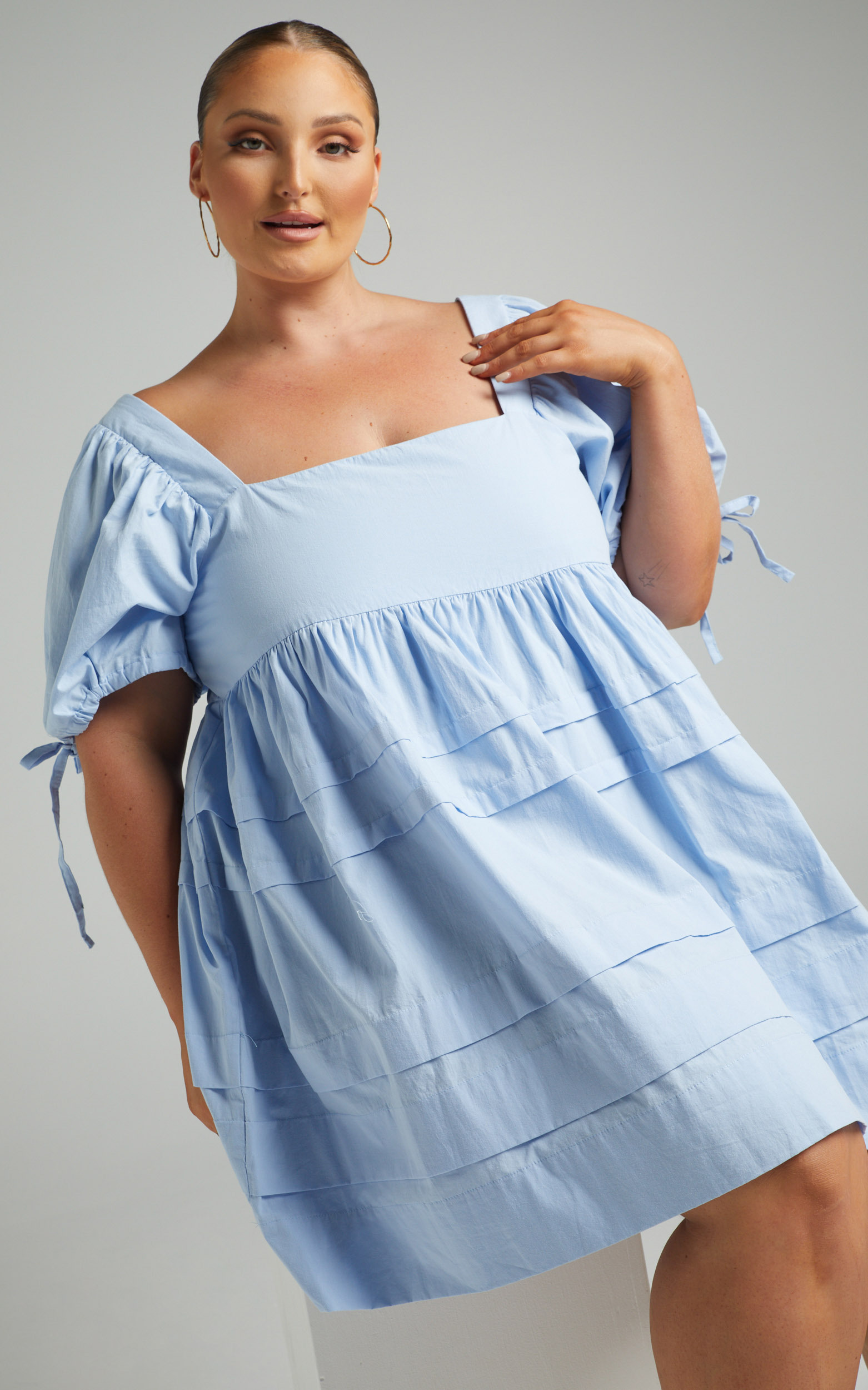 Eleua Pin Tuck Short Puff Sleeve Mini Dress in Baby Blue - 04, BLU1, hi-res image number null