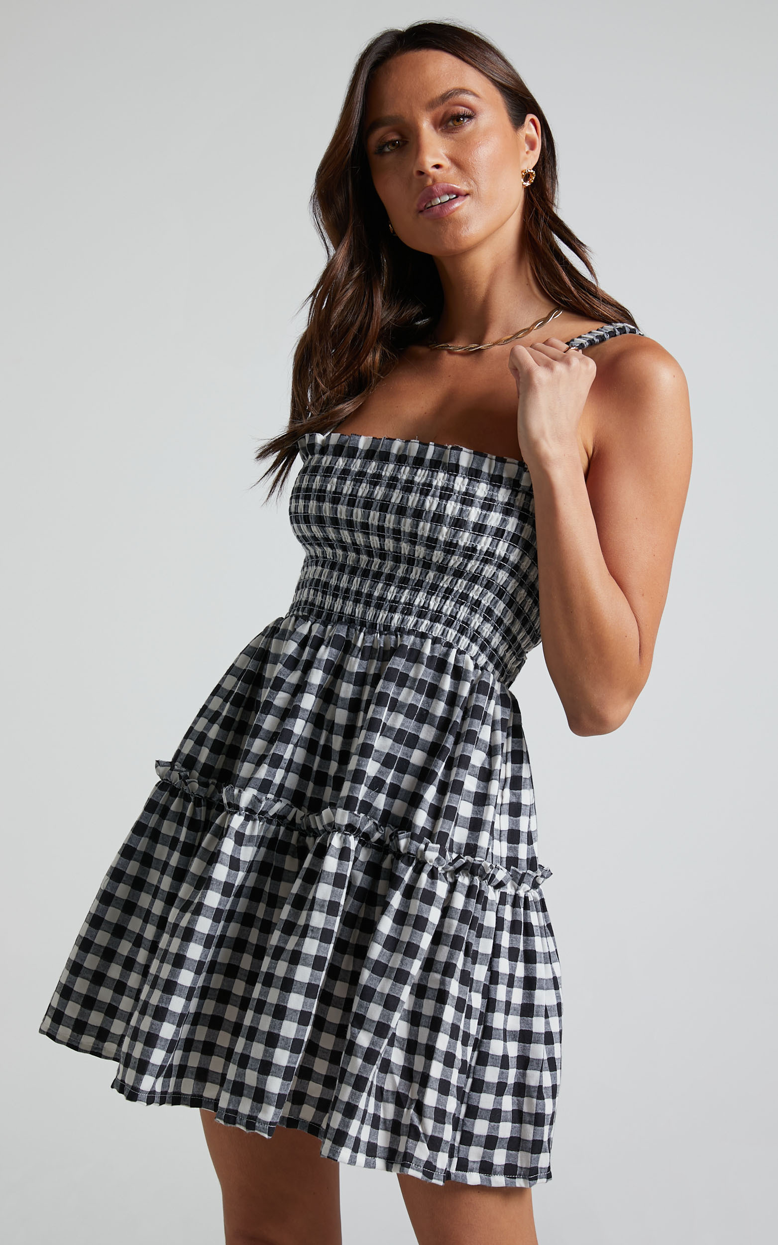 Wilda Mini Dress - Shirred Tiered Dress in Black and White Check - 04, BLK1, hi-res image number null
