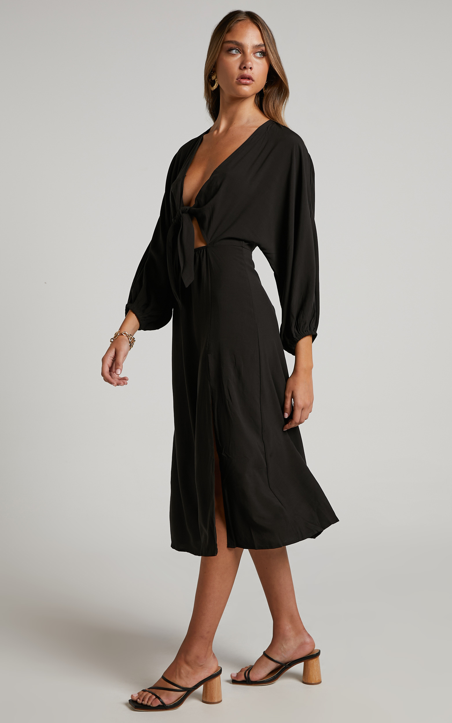 Tyricia Long Sleeve Tie Front Cut Out Midi Dress in Black Showpo USA