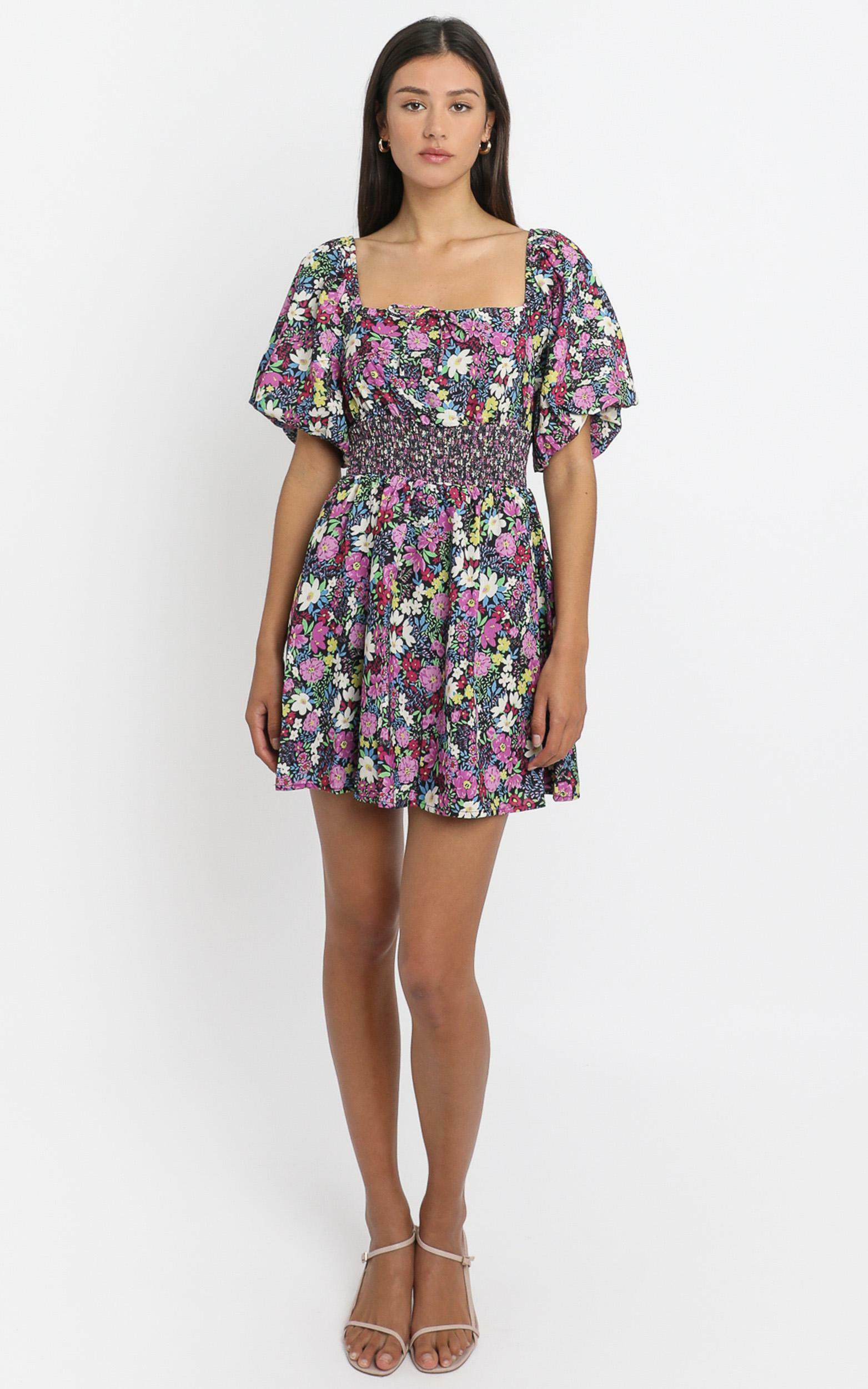 Phoebe Ruched Mini Dress in forest floral - 6 (XS), Purple, hi-res image number null