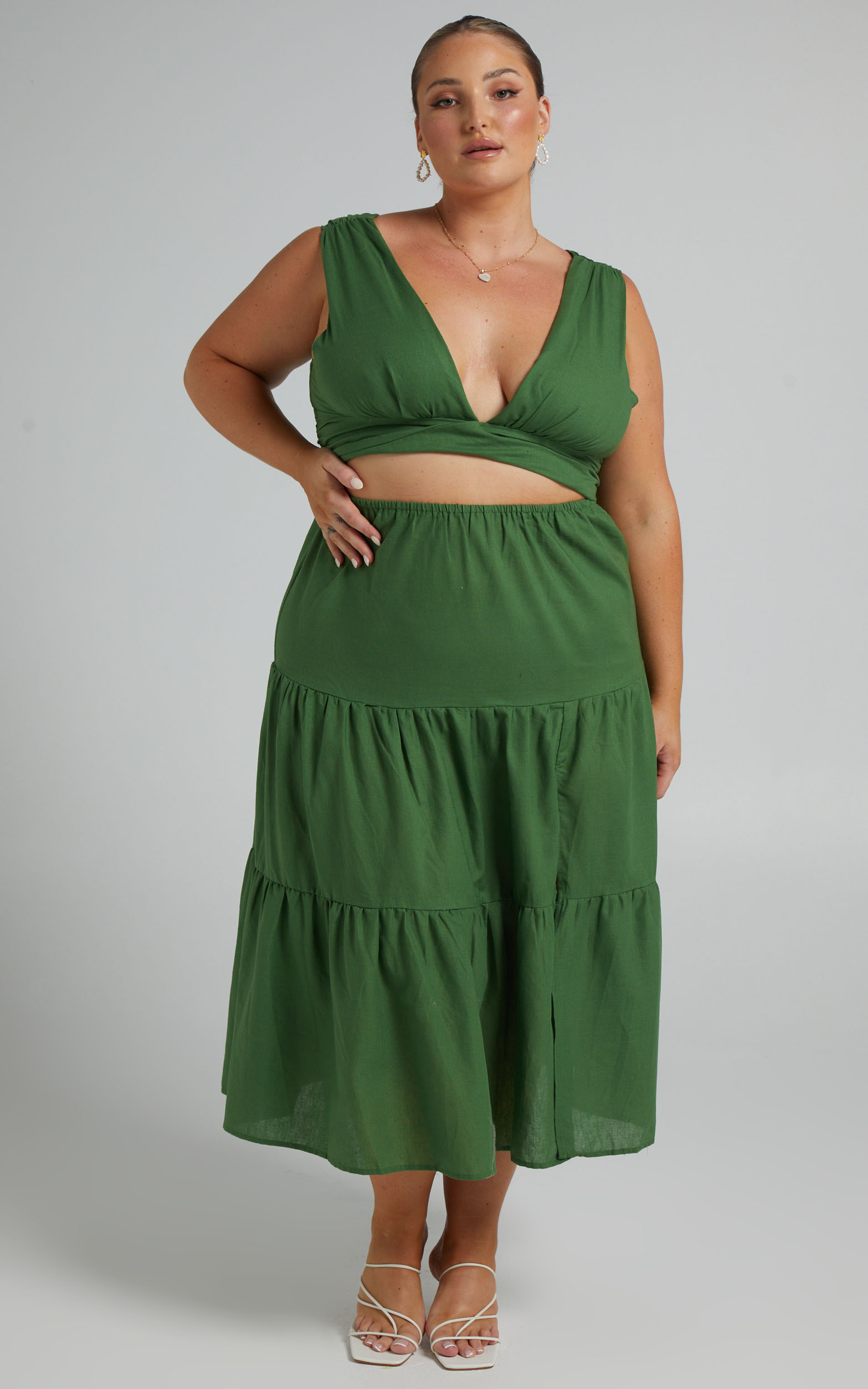 Spencer V Neck Cut Out Tiered Midi Dress in Green - 06, GRN1, hi-res image number null