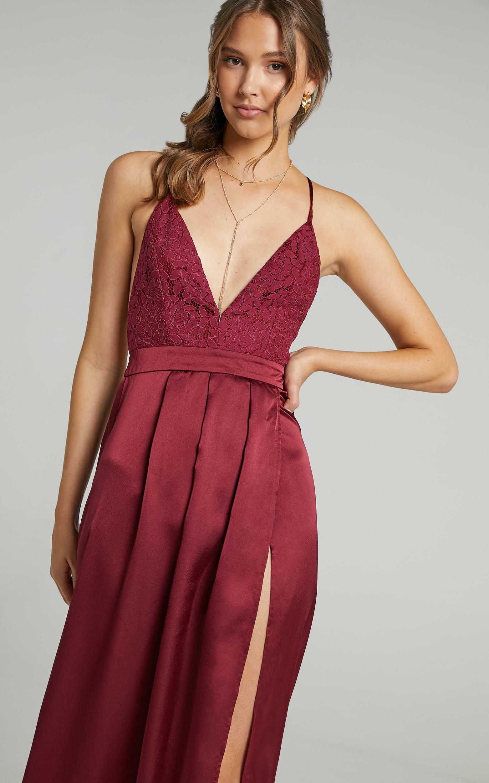 Inspired Tribe Plunge Neckline Thigh Split Maxi Dress in Wine - 20, WNE4, hi-res image number null