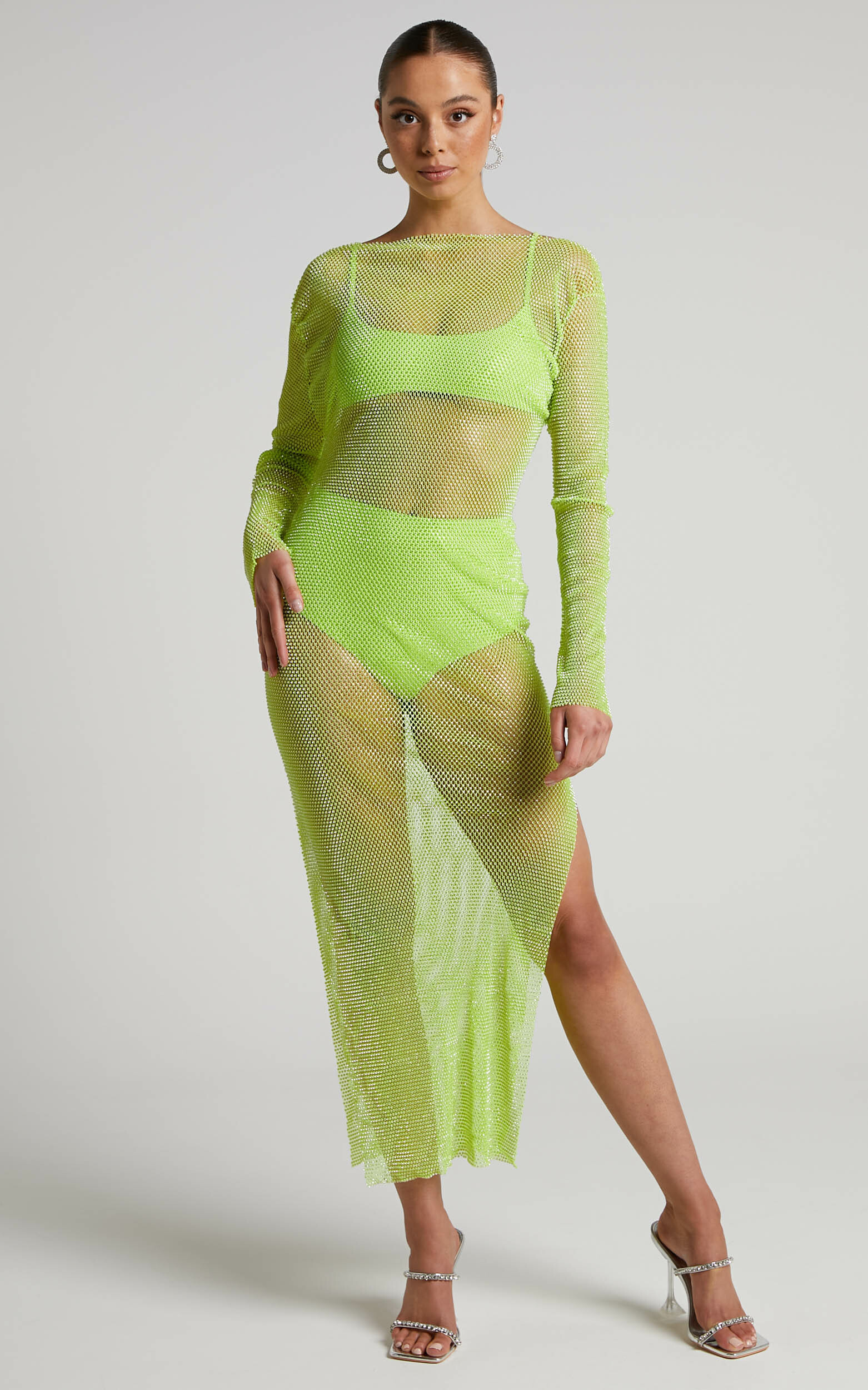 Karmen Midi Dress - Long Sleeve Split Diamante Mesh Dress in Lime - OneSize, GRN2, hi-res image number null