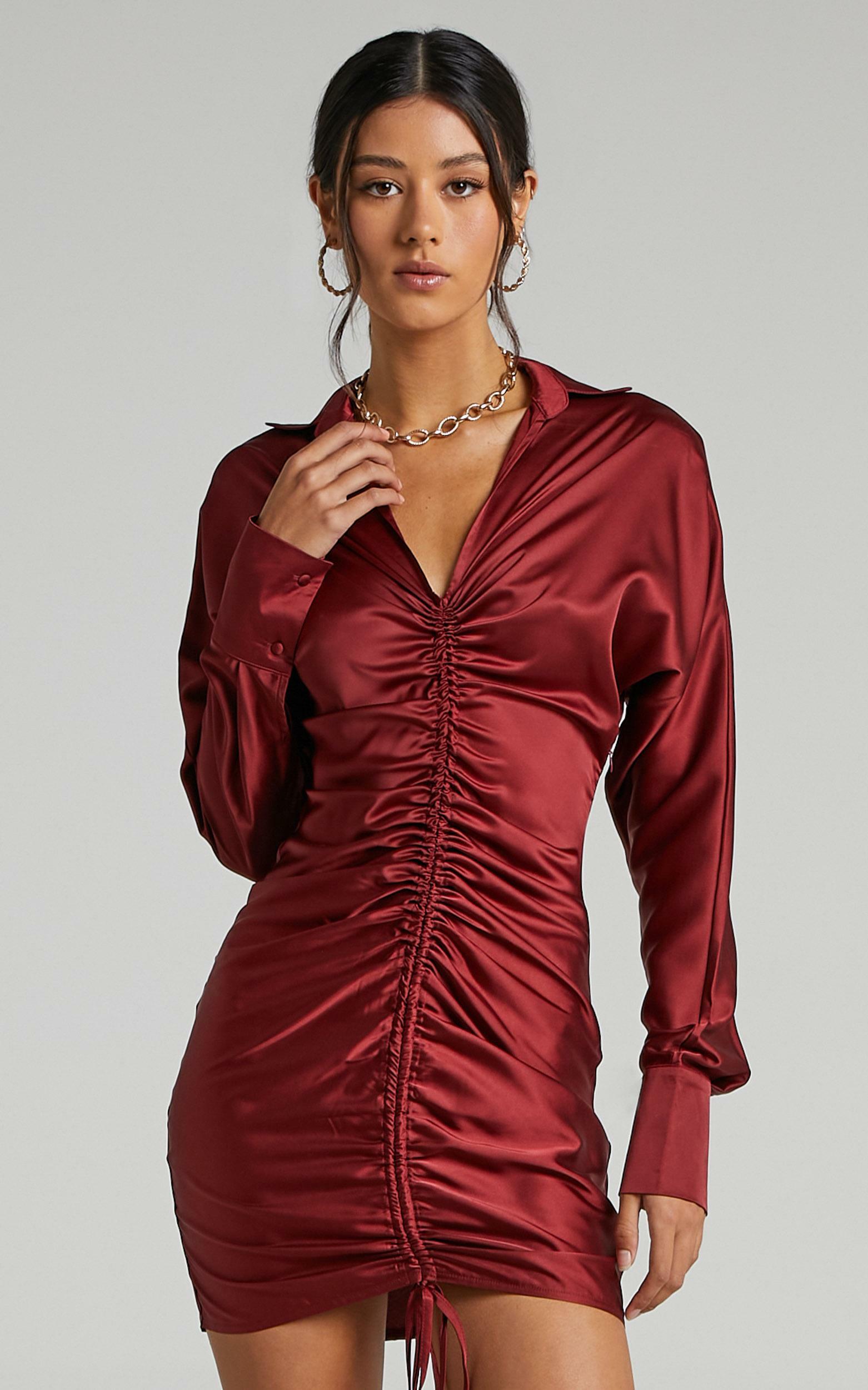 Cordyline Ruched Mini Dress in Wine Satin - 06, BRN1, hi-res image number null