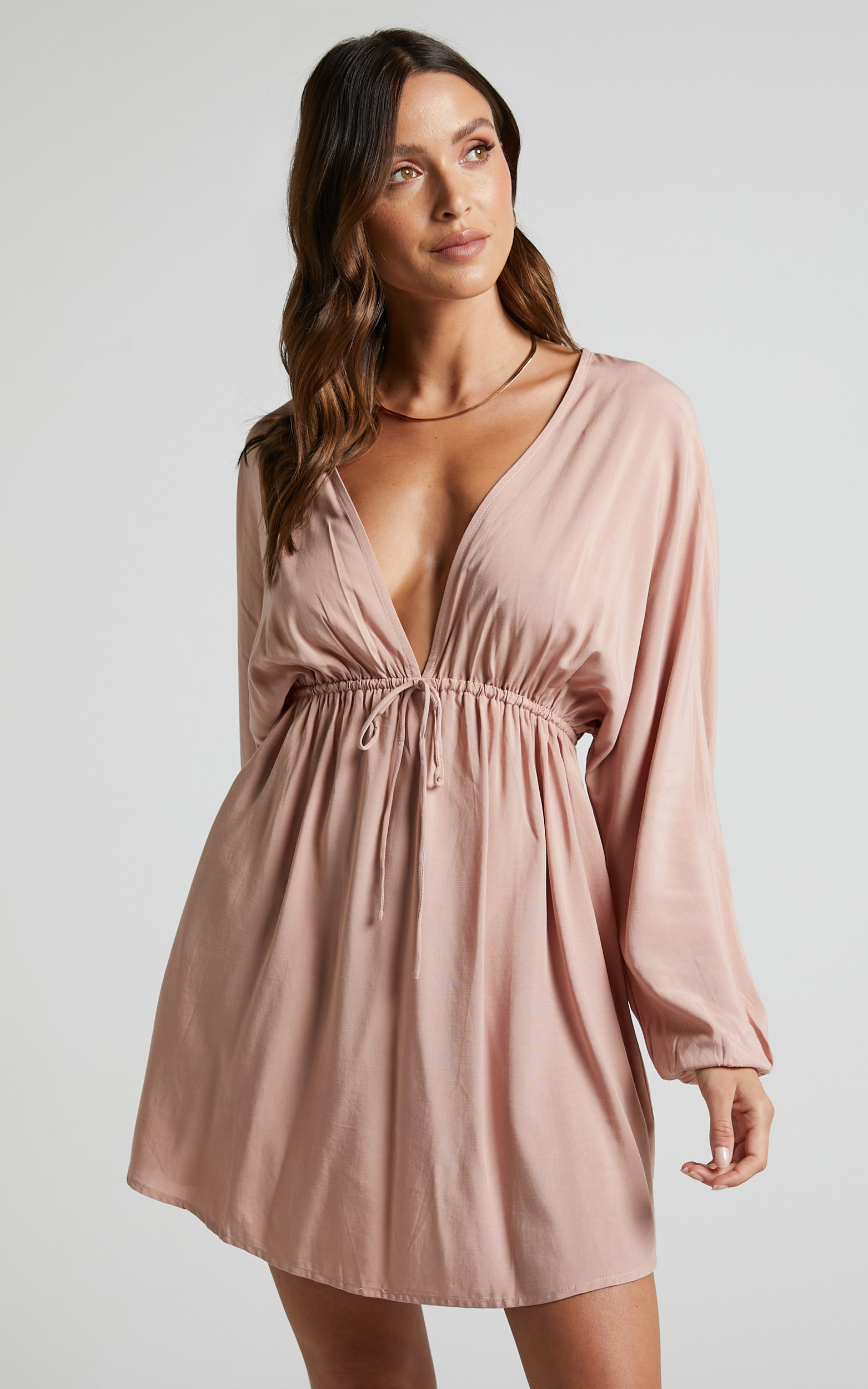 Tyrica V Neck Tie Waist Long Sleeve Mini Dress in Dusty Pink - 04, PNK1, hi-res image number null