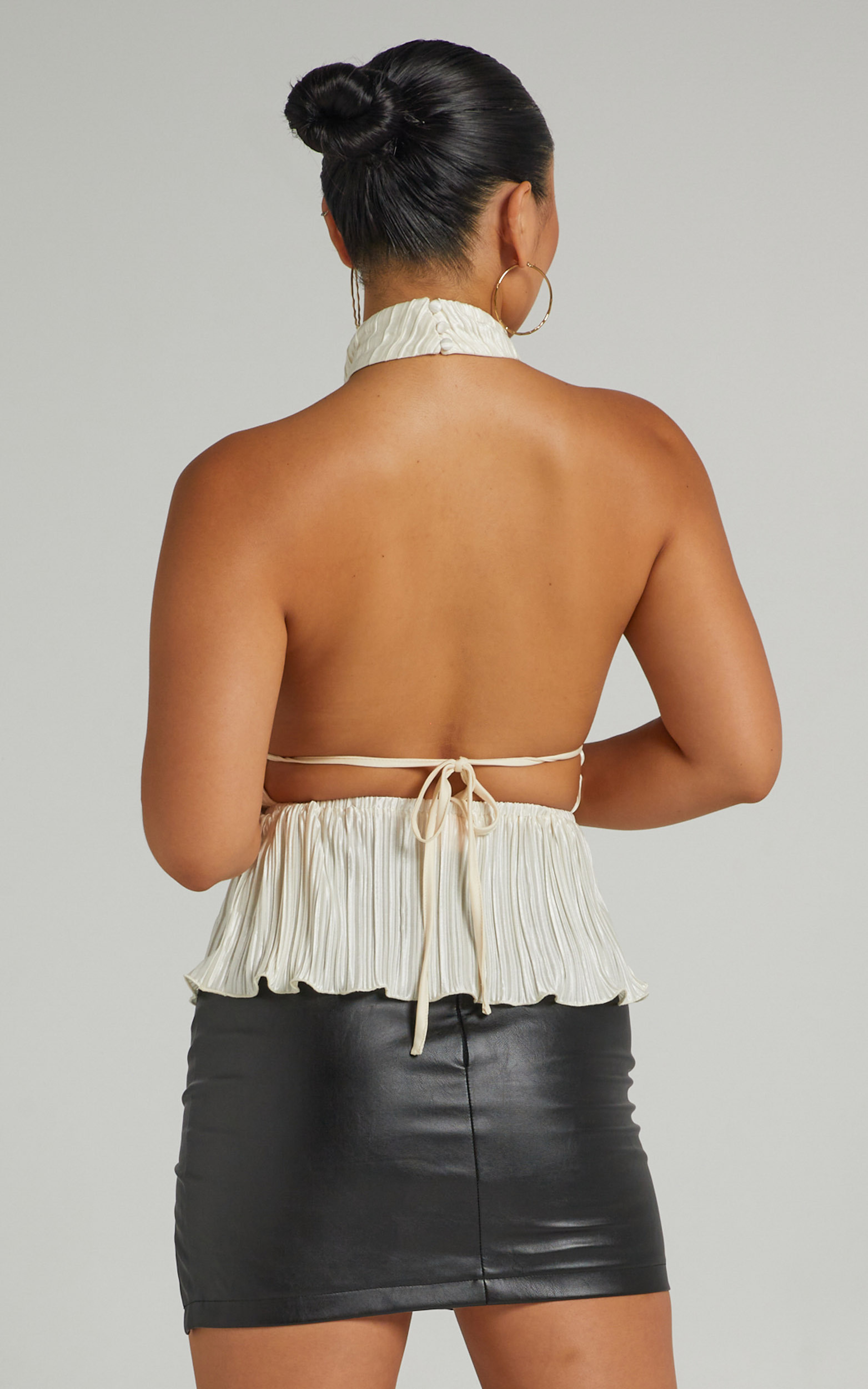 Chiara Plisse Pleated Backless Halter Neck Top in Cream - 06, WHT2, hi-res image number null
