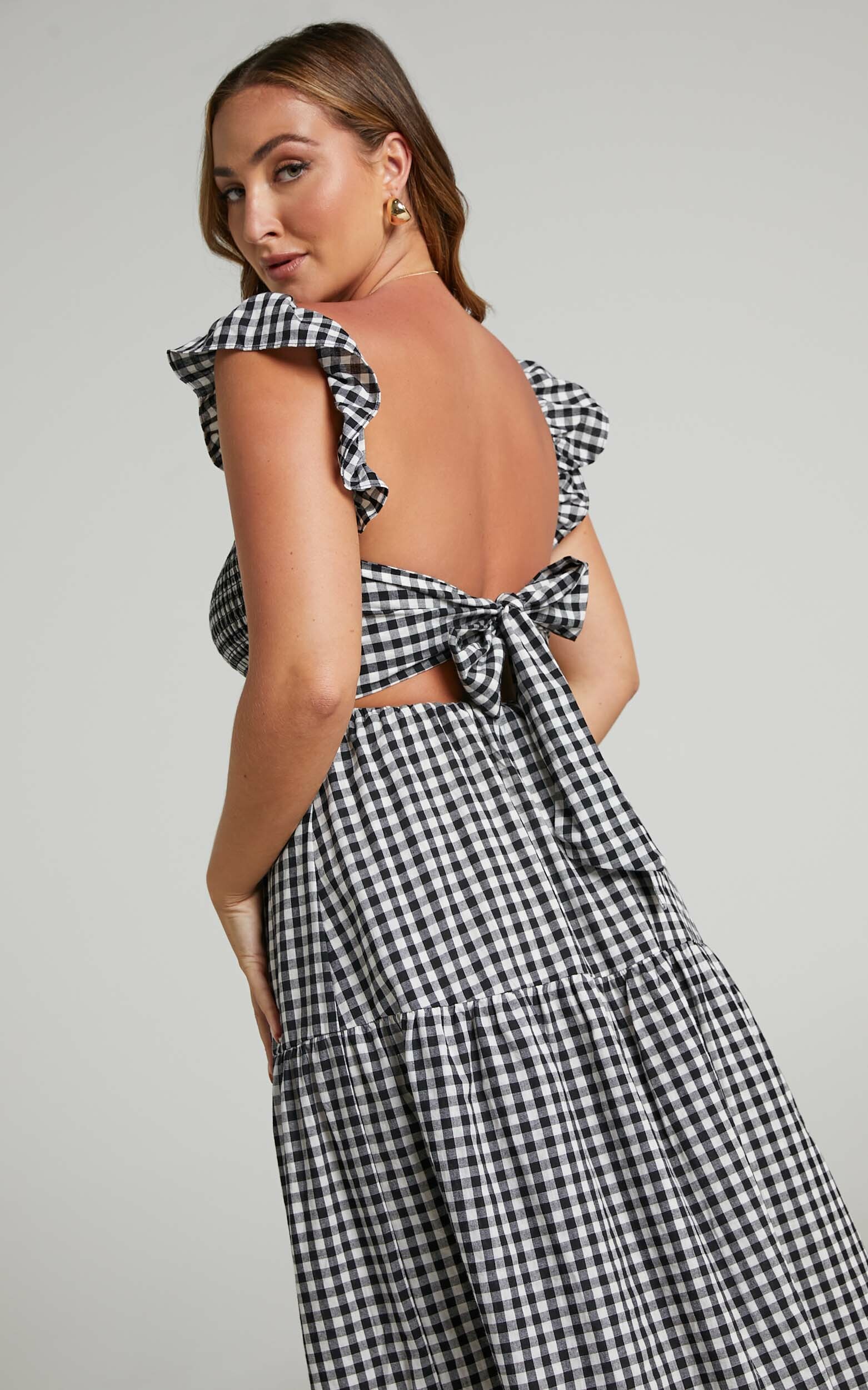 Kamrin Shirred Bodice Frill Sleeve Midi Dress in Black Gingham Print - 04, BLK1, hi-res image number null