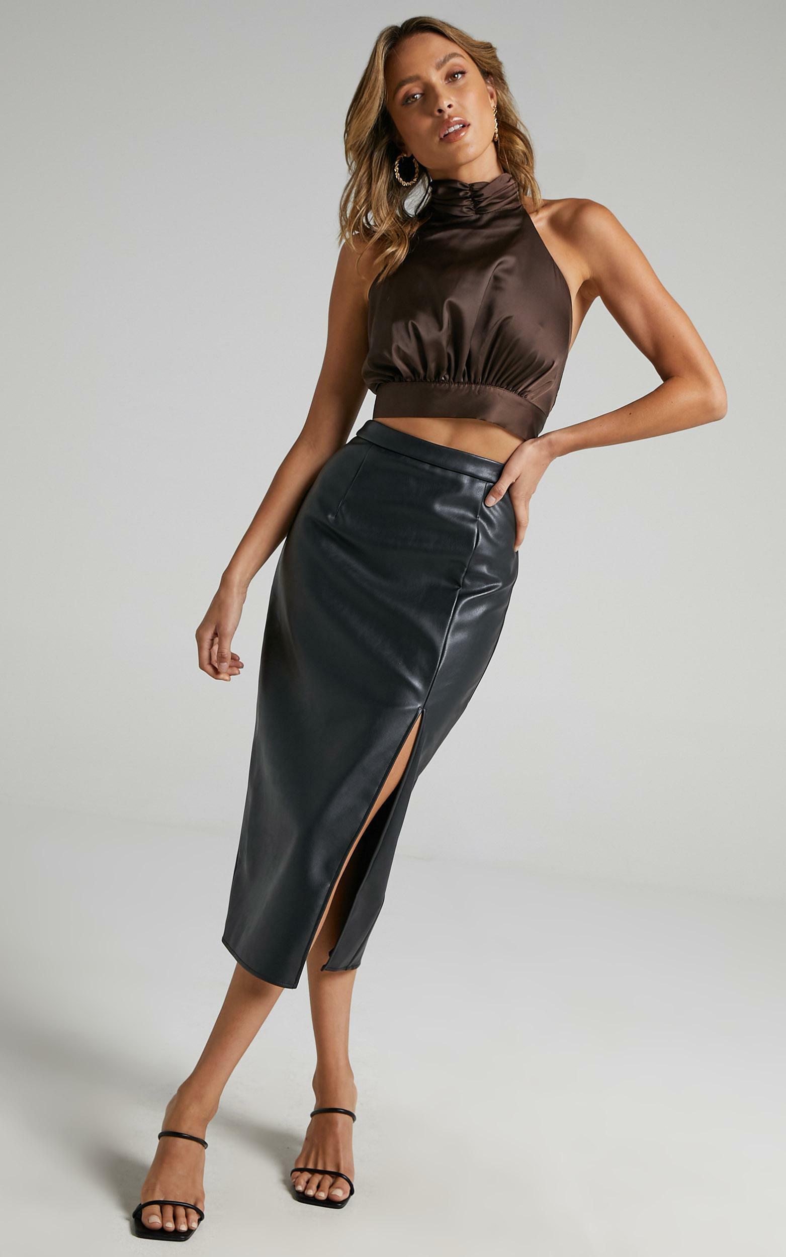 Tavua Faux Leather Split Midi Skirt in Black Leatherette - 06, BLK1, hi-res image number null