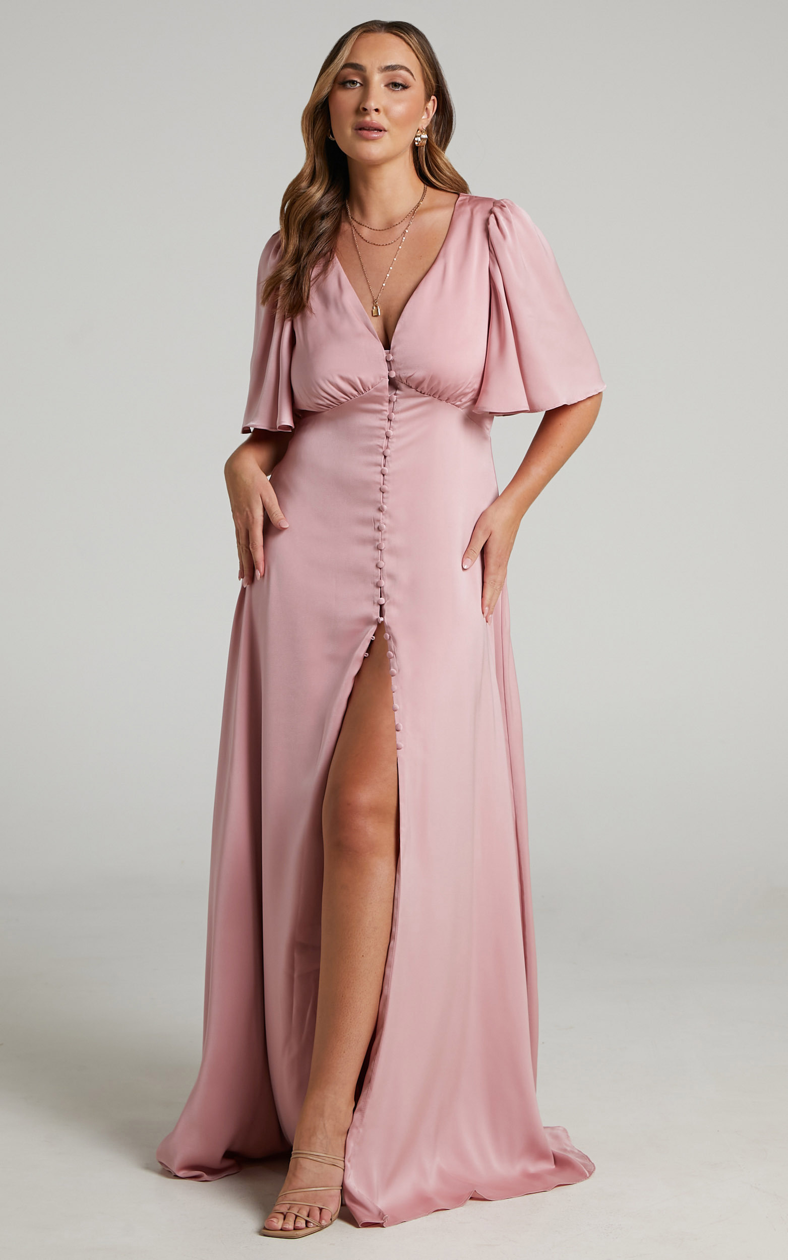 Maryam Maxi Dress - Button Front Flutter Sleeve Dress in Dusty Pink - 04, PNK1, hi-res image number null