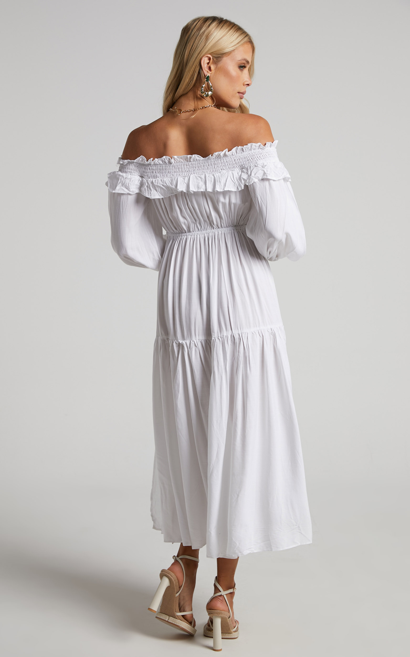 Millania Midi Dress - Off Shoulder Long Sleeve Tiered Dress in White ...