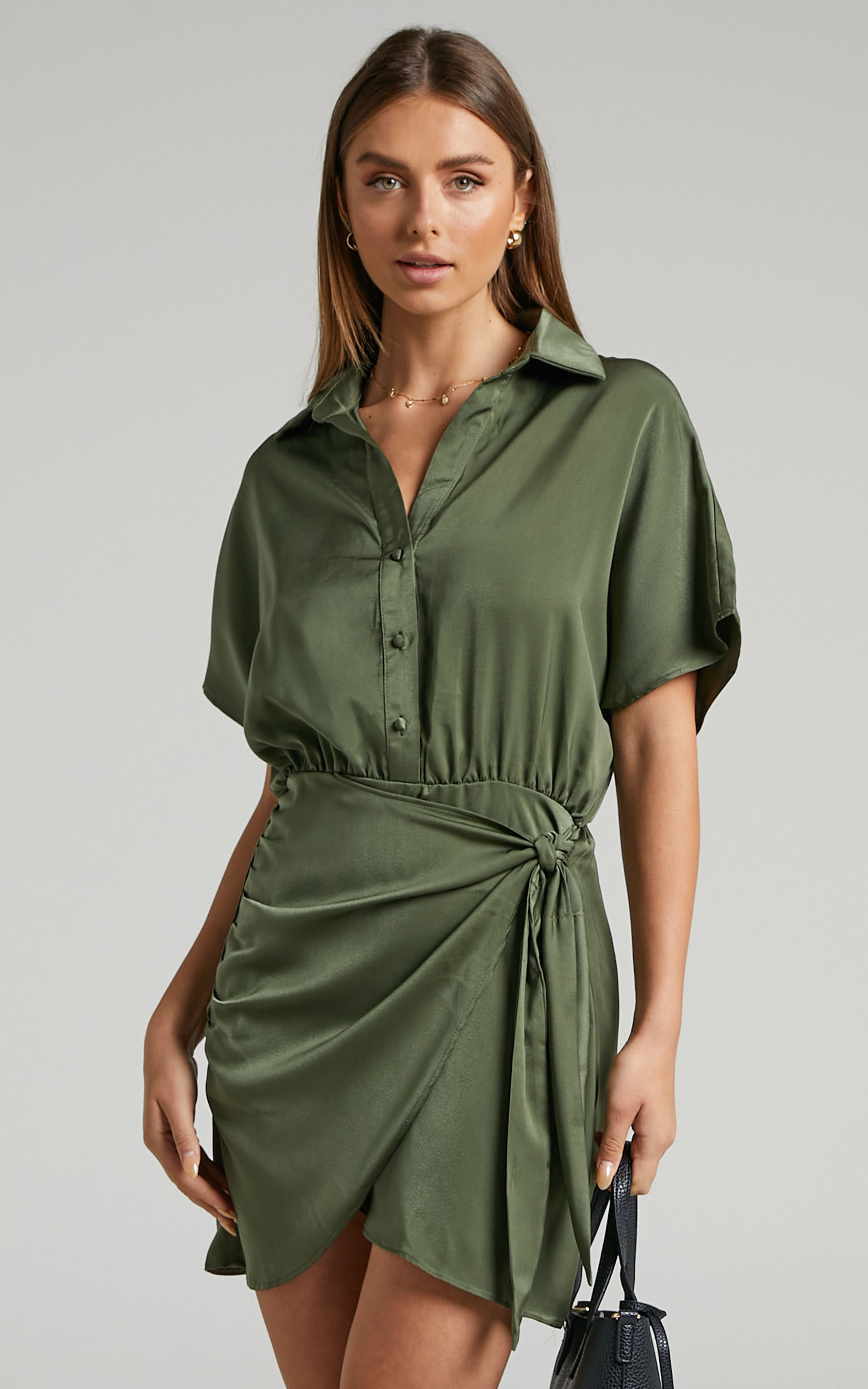 Ameleth Collared Wrap Front Mini Dress in Olive - 04, GRN1, hi-res image number null