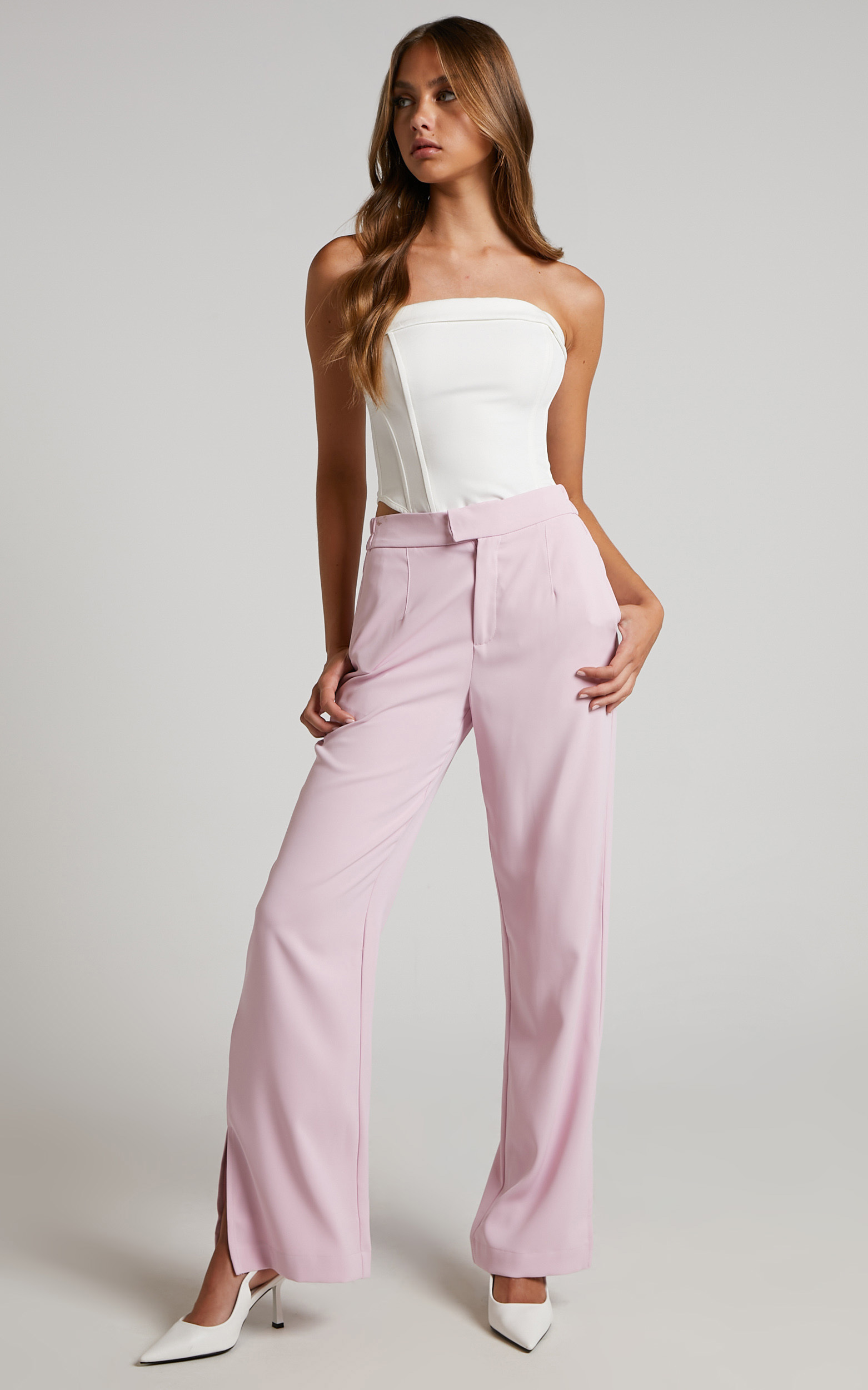 Mhina Trousers - Mid Rise Split Hem Tailored Trousers in Pink - 10, PNK1, hi-res image number null