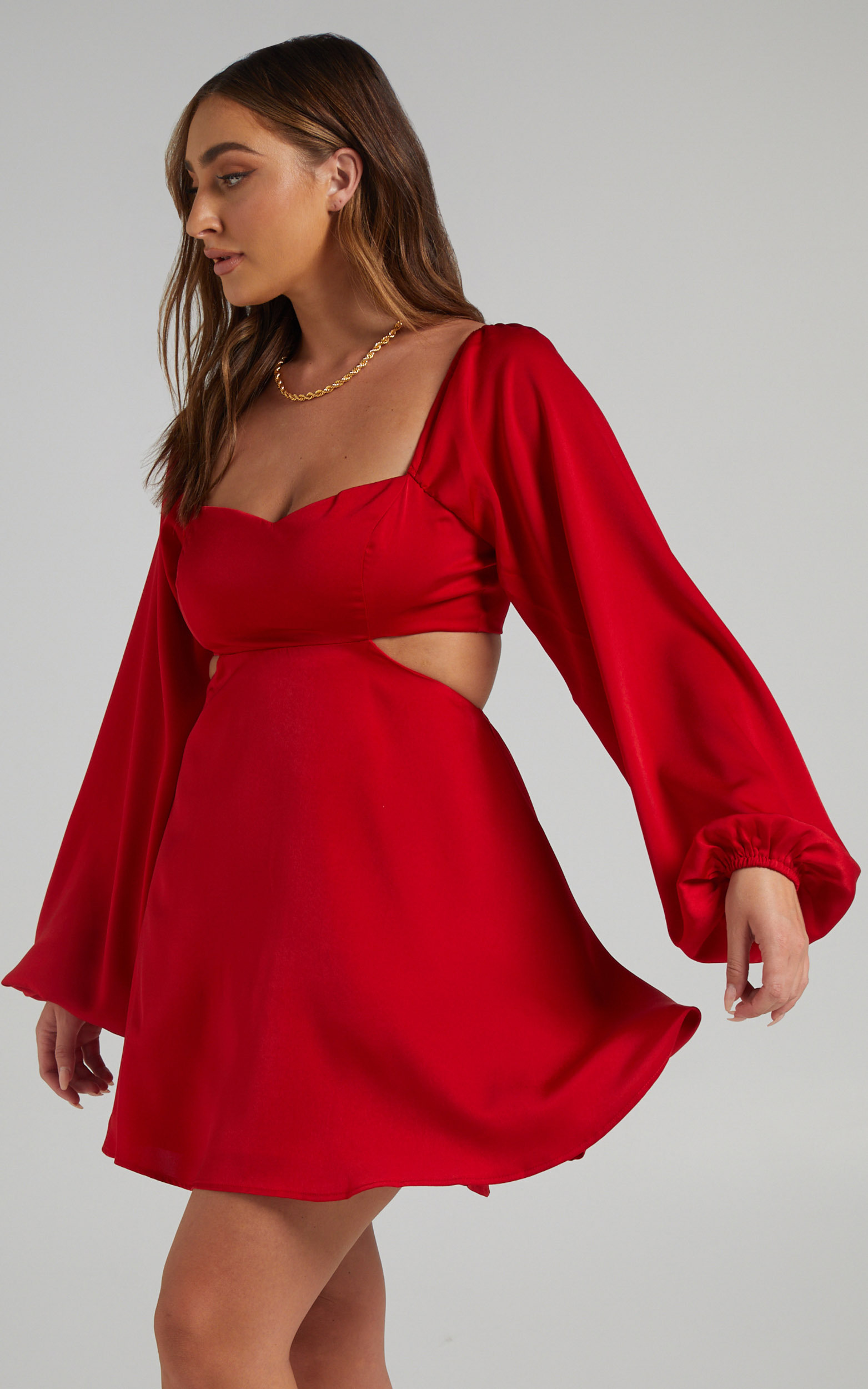 Dolci Side Cut Out Long Sleeve Mini Dress in Red - 06, RED4, hi-res image number null