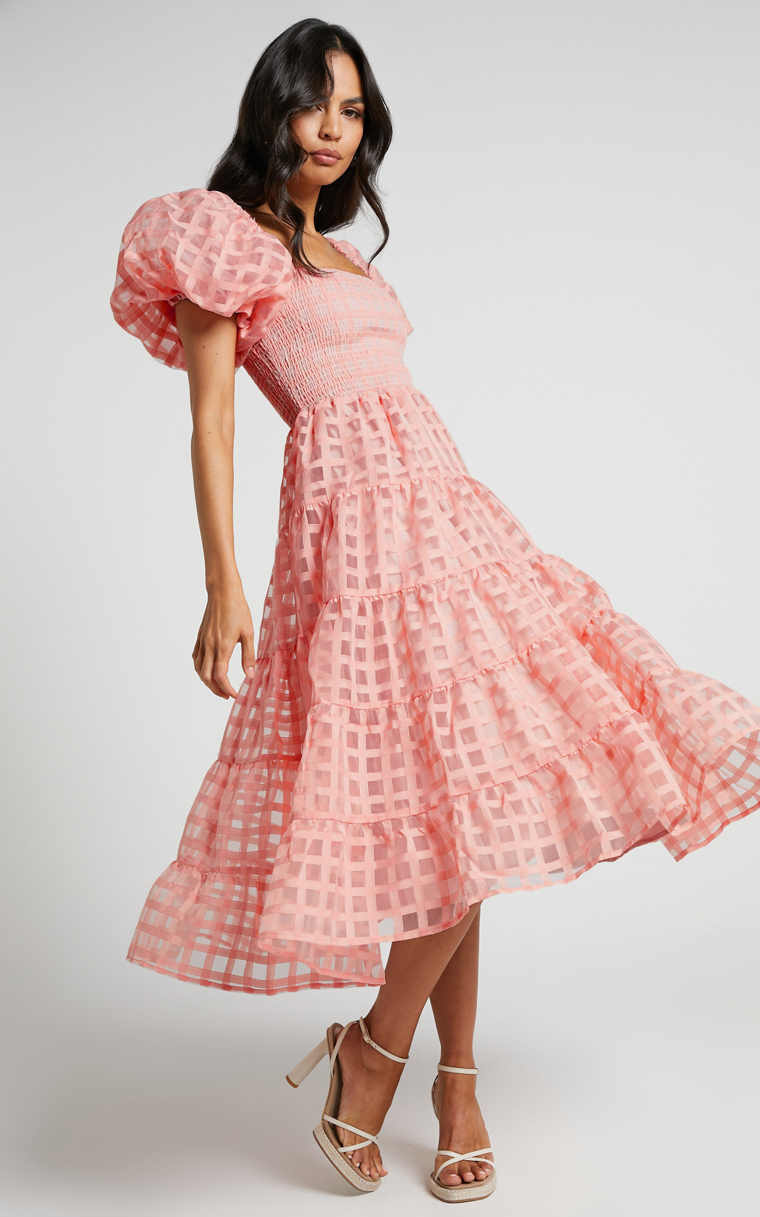 Aurelia Midi Dress - Puff Sleeve Tiered Textured Net Dress in Peach - 06, ORG1, hi-res image number null