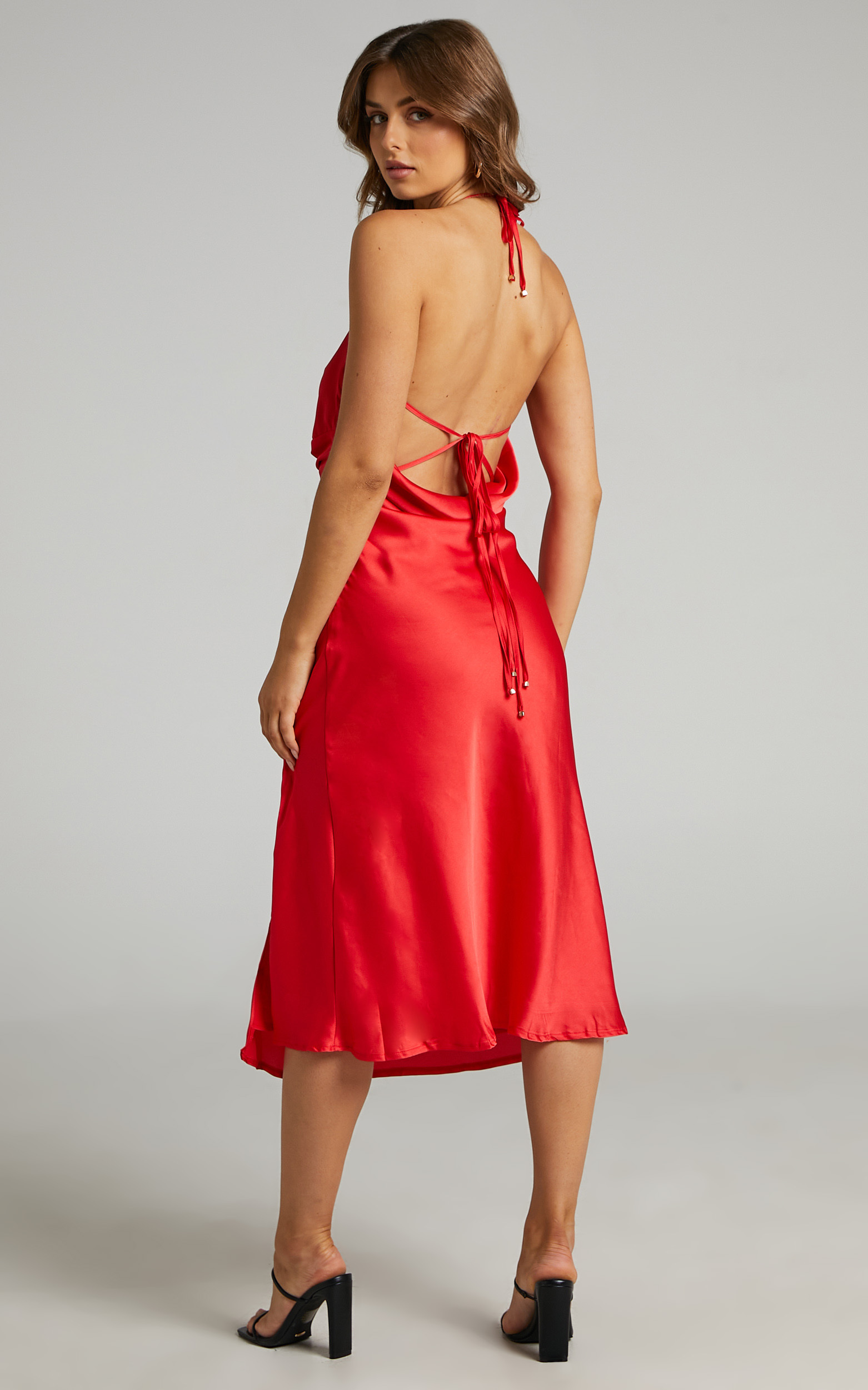 Florentina Twist Front Open Tie Back Midi Dress in Red - 06, RED1, hi-res image number null