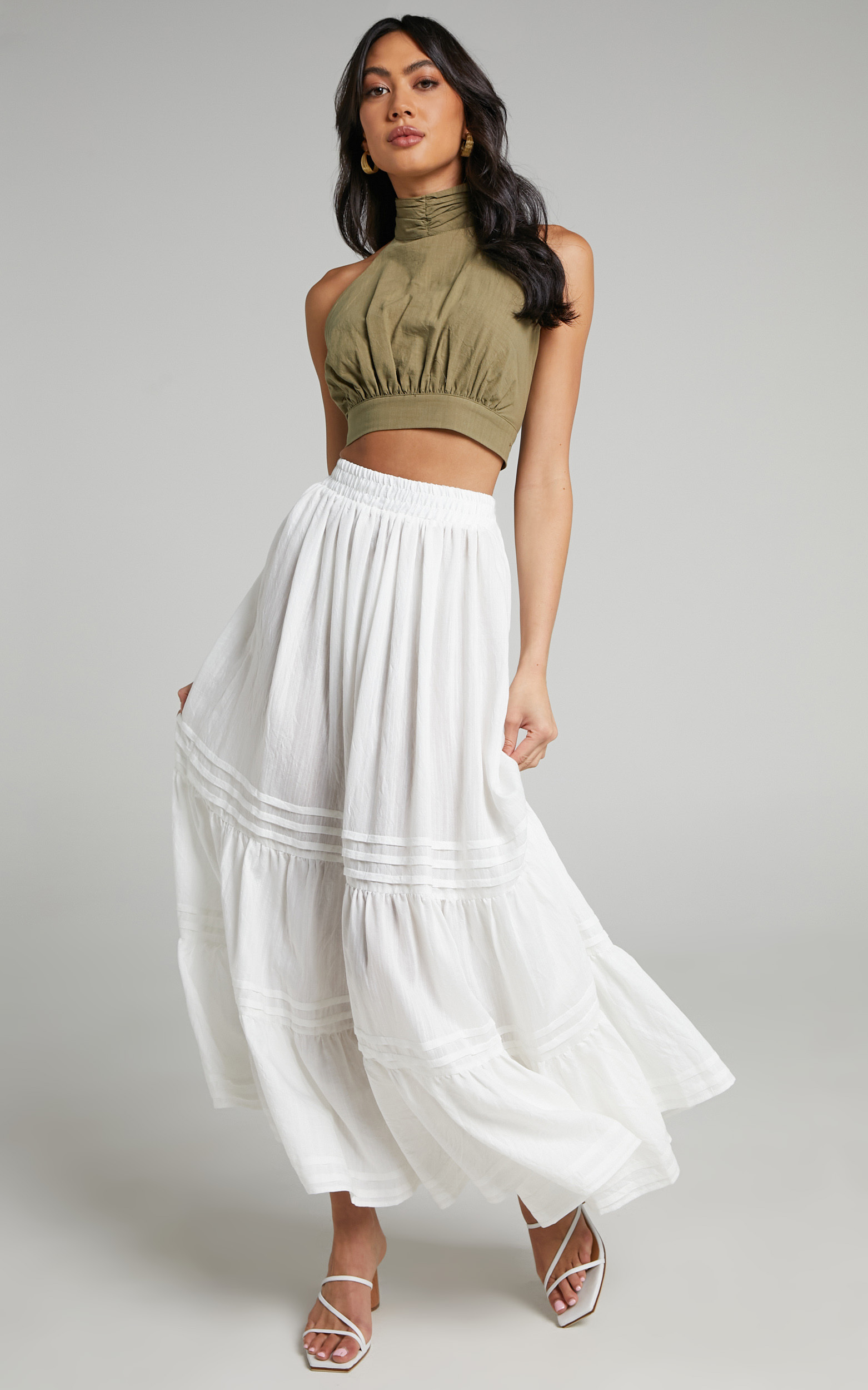 Angelita Pin Tuck Detail Tiered Maxi Skirt in White - 06, WHT1, hi-res image number null