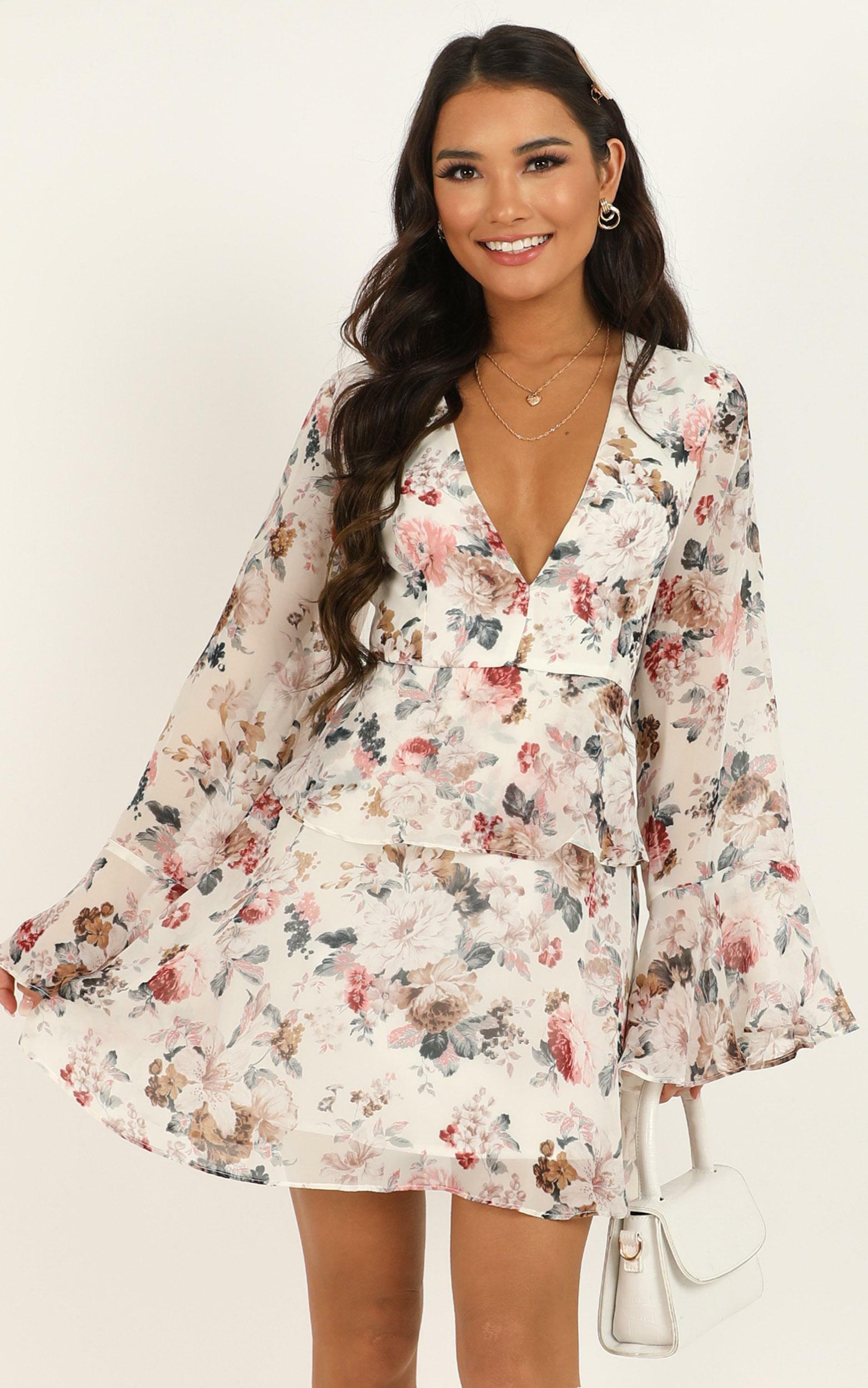 white and floral dress