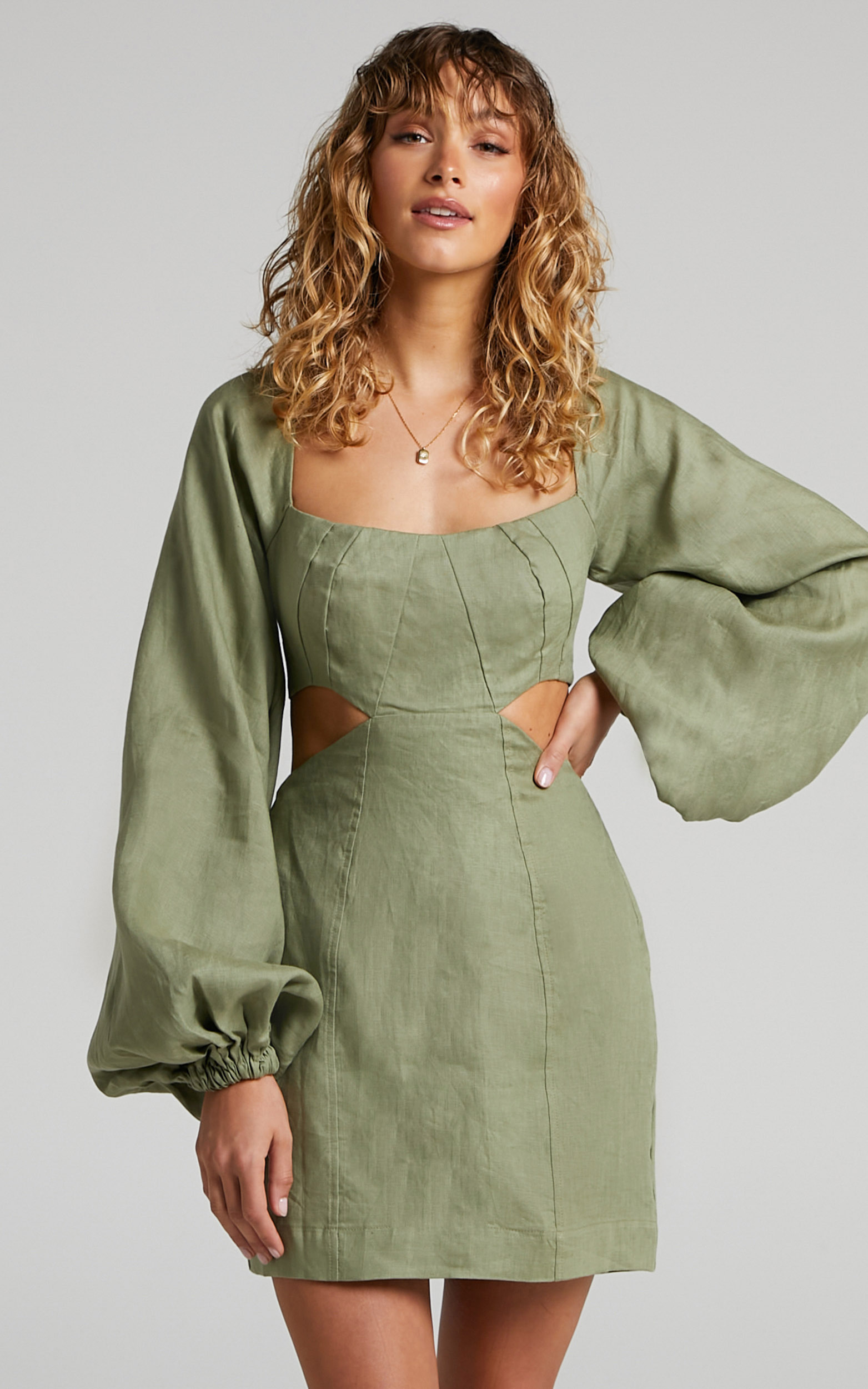 Amalie The Label - Aileen Linen Balloon Sleeve Cut Out Mini Dress in Sage - 06, GRN1, hi-res image number null
