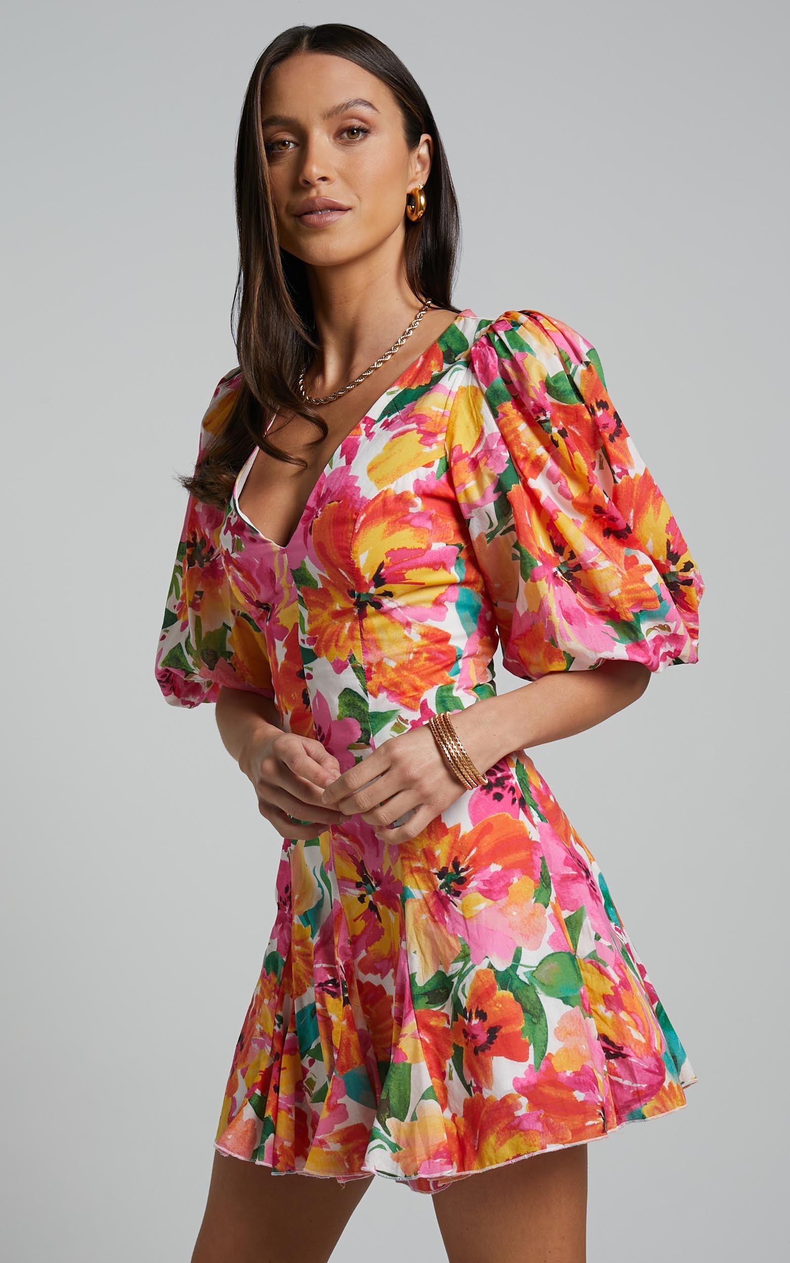 Shairah Mini Dress - V Neck Puff Sleeve Flutter Hem Dress in In Bloom ...
