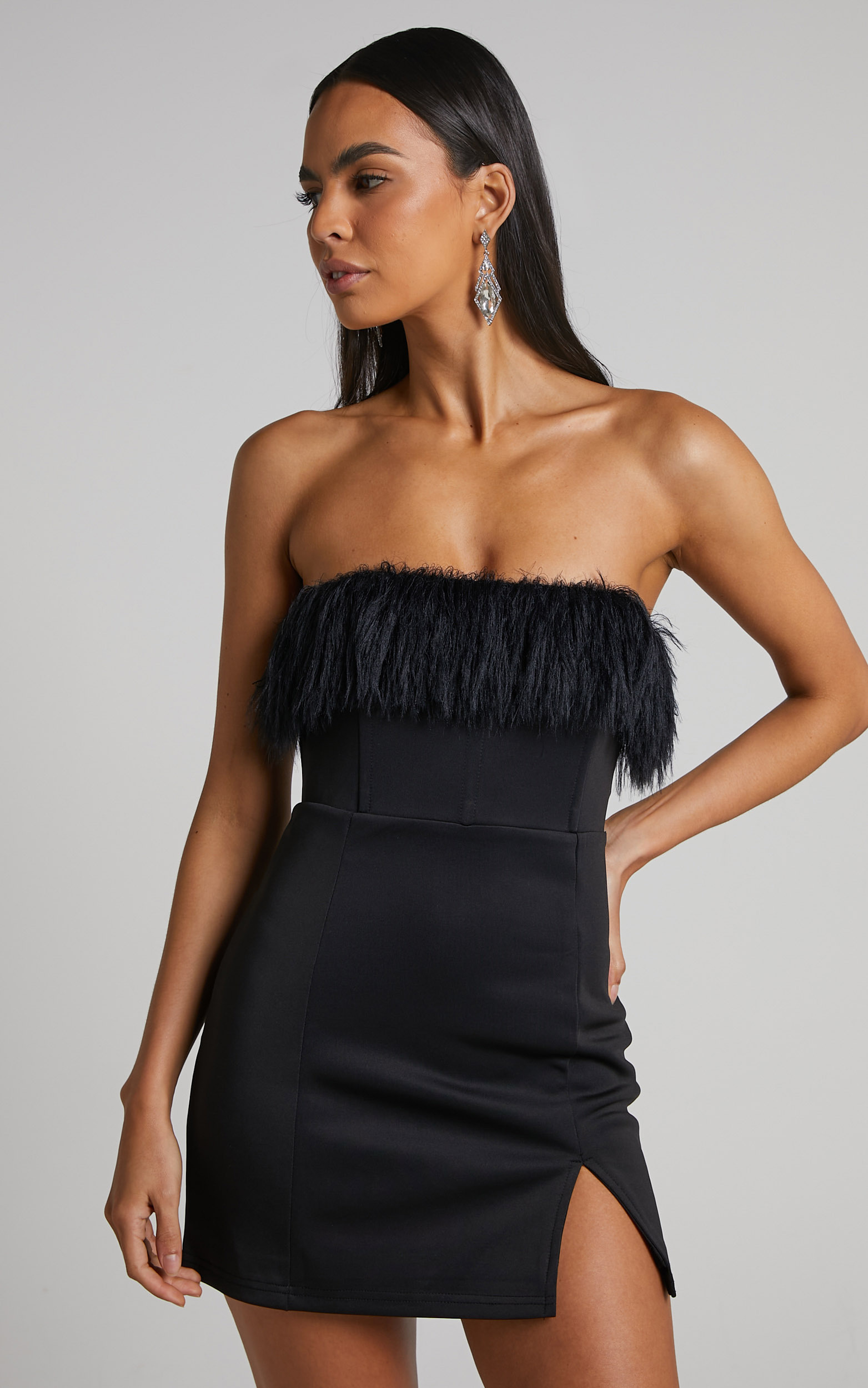 Rhaiza Mini Dress - Faux Feather Trim Strapless Dress in Black - 06, BLK1, hi-res image number null