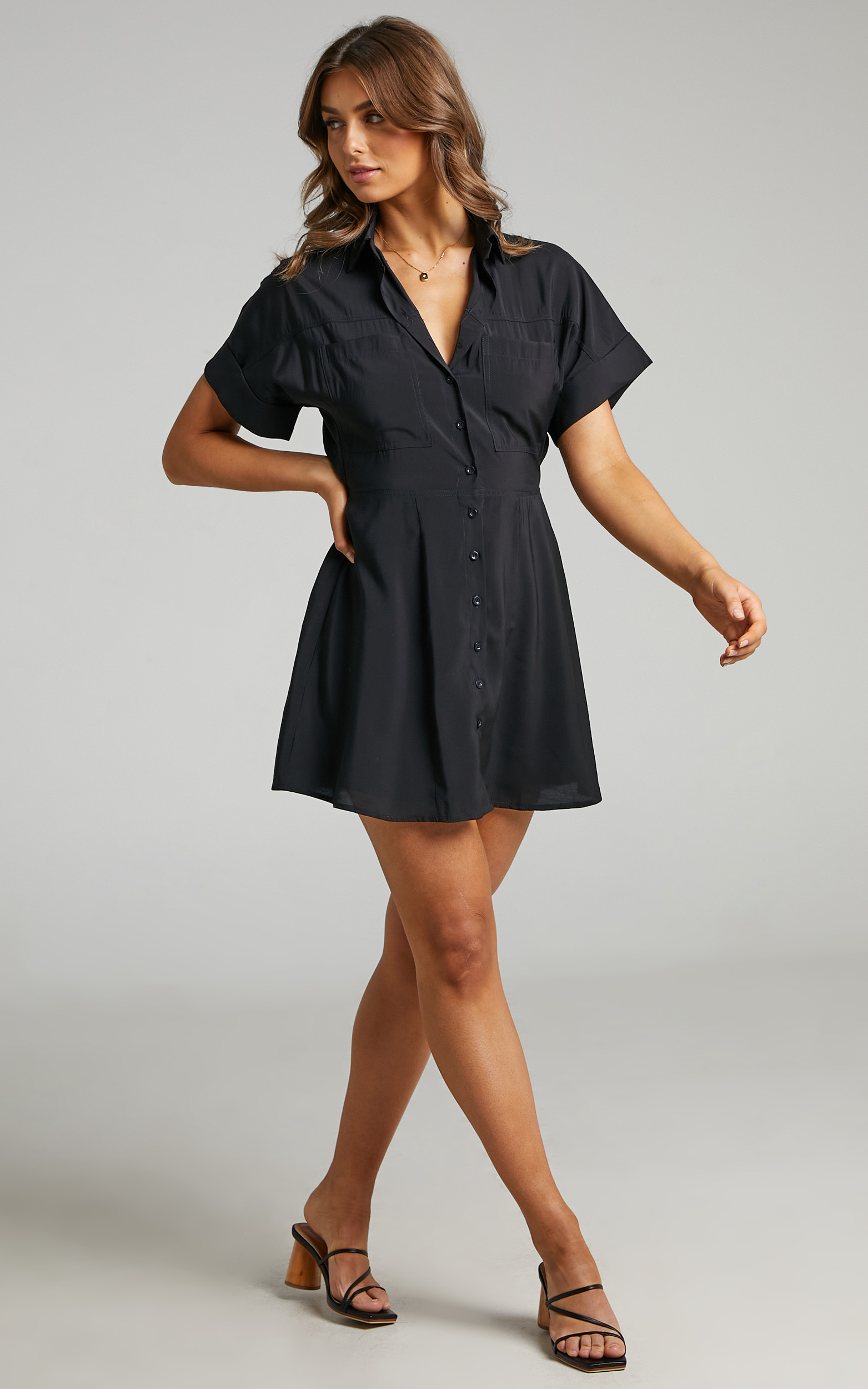 Maxine Button Up Mini Dress in Black - 06, BLK1, hi-res image number null