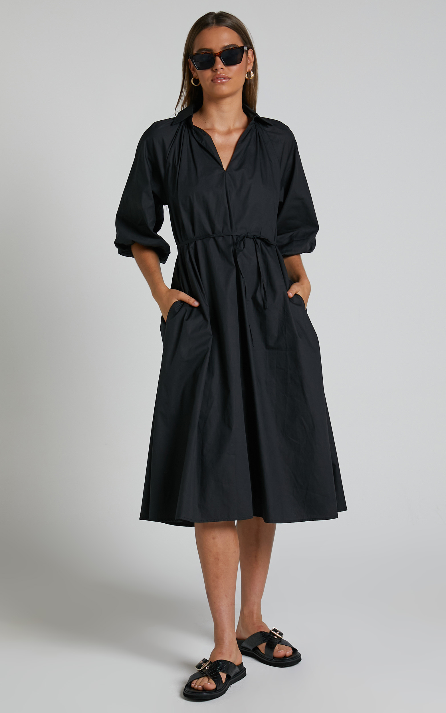 Simone Midi Dress - Collared Waist Tie Smock Dress in Black | Showpo USA