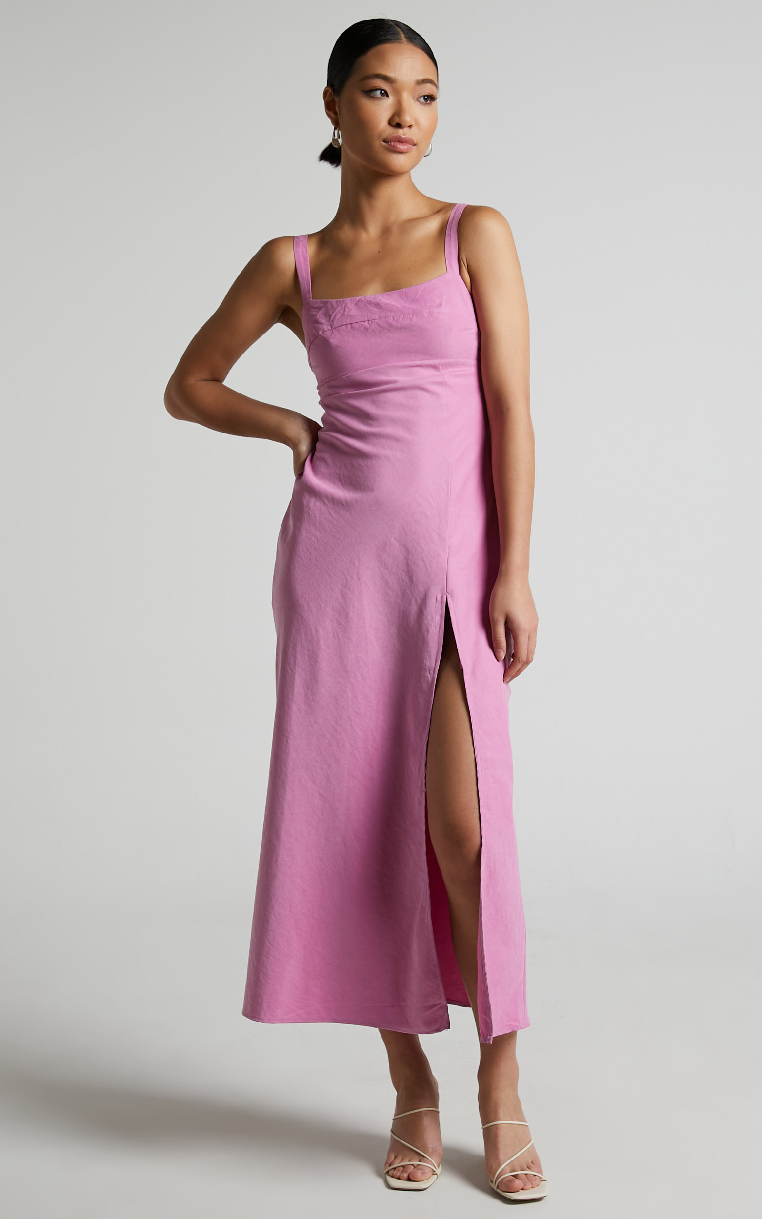 Niobe Midi Dress - Square Neck Thigh Split Slip Dress in Pink - 04, PNK1, hi-res image number null