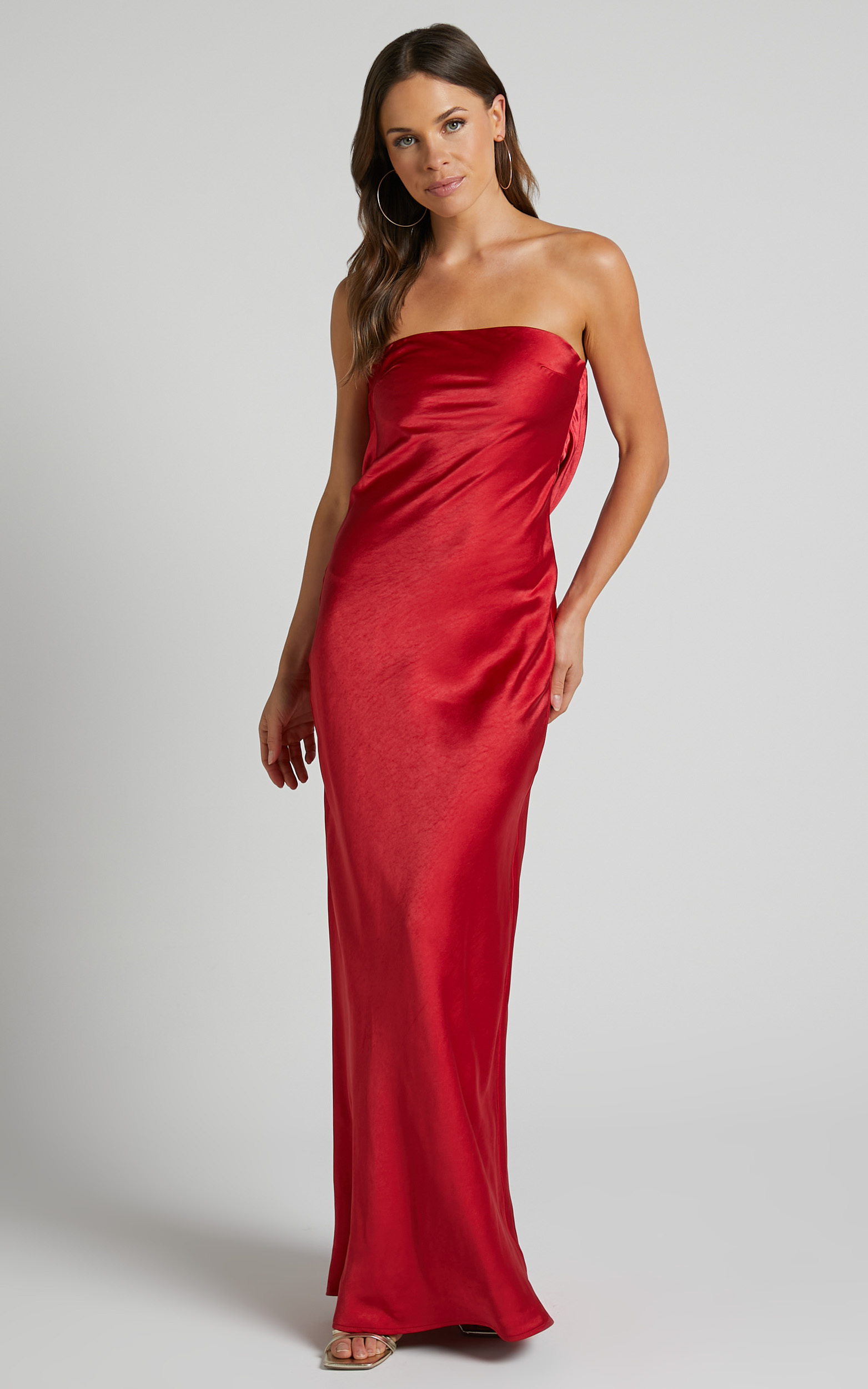 Charlita Maxi Dress - Strapless Cowl Back Satin Dress in Cherry Red ...