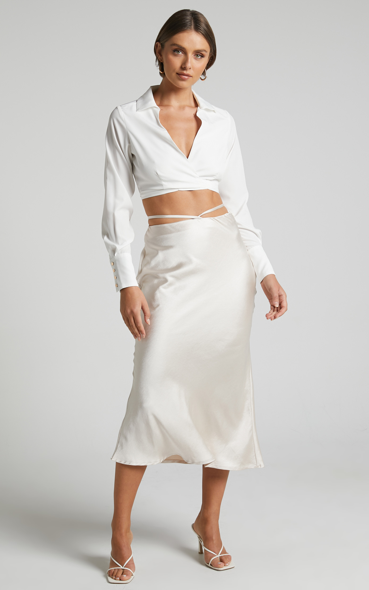 Jianna Midi Skirt - Tie Waist Slip Skirt in Oyster - 04, WHT1, hi-res image number null