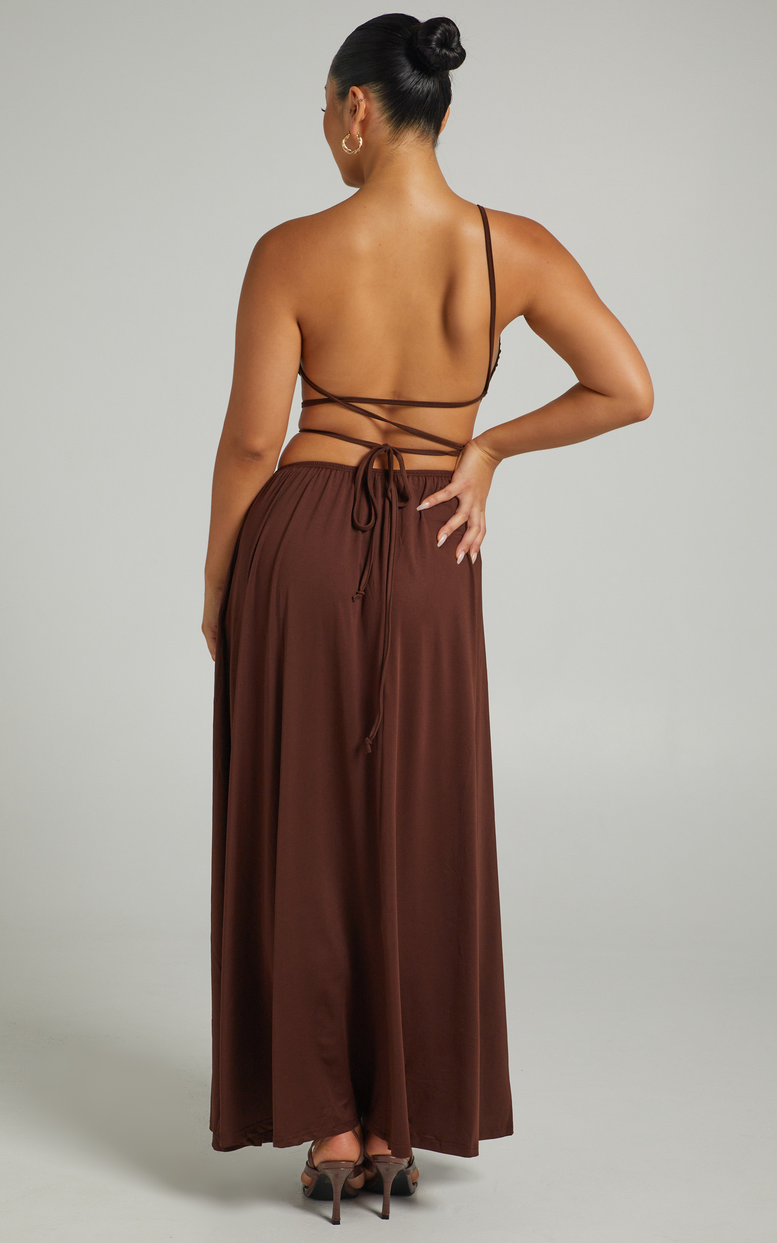 Ornella Maxi Dress with Tie up Details in Chocolate - L, BRN1, hi-res image number null