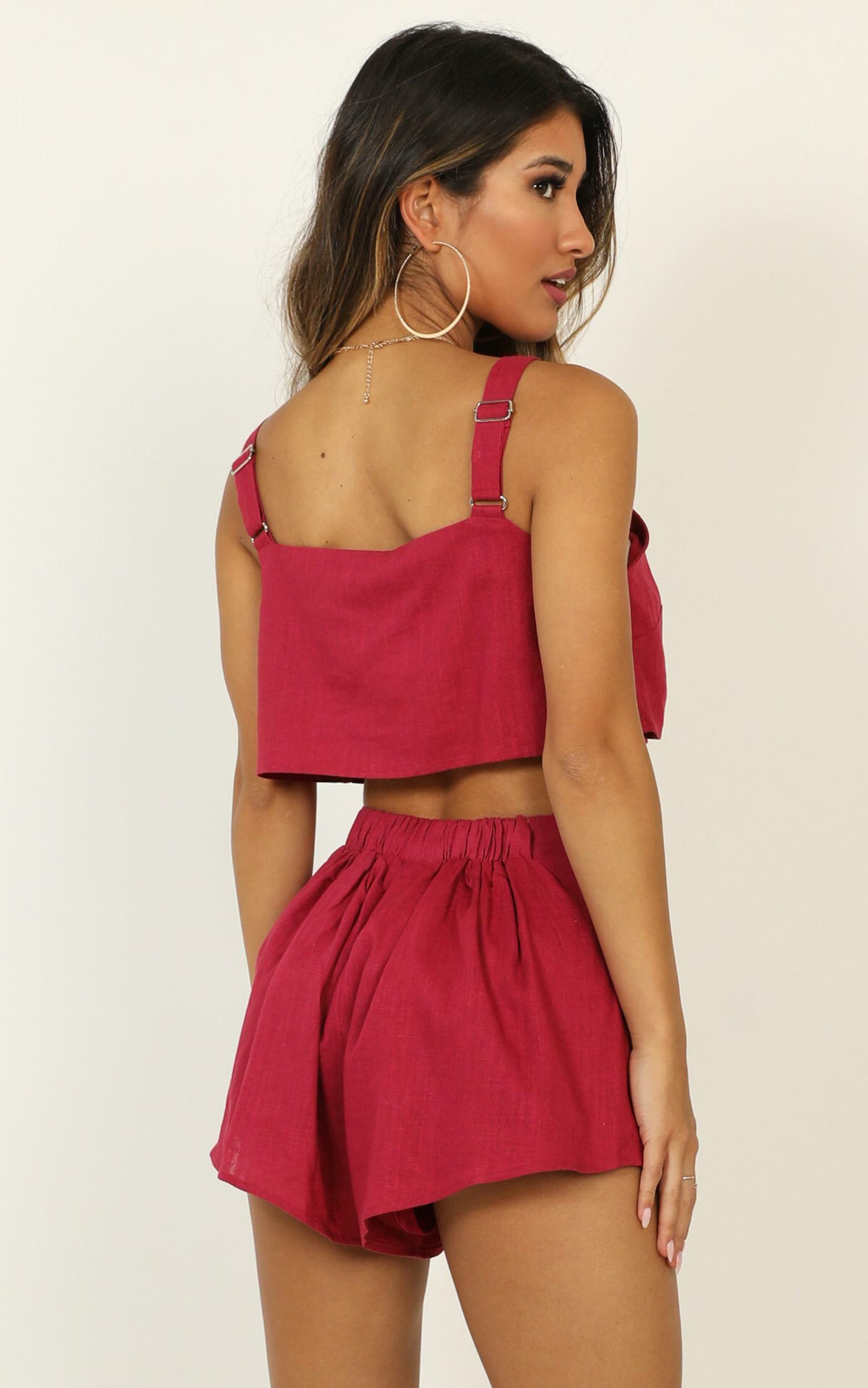 Zanrie Square Neck Crop Top and High Waist Mini Flare Shorts in Berry Linen Look - 18, PNK7, hi-res image number null