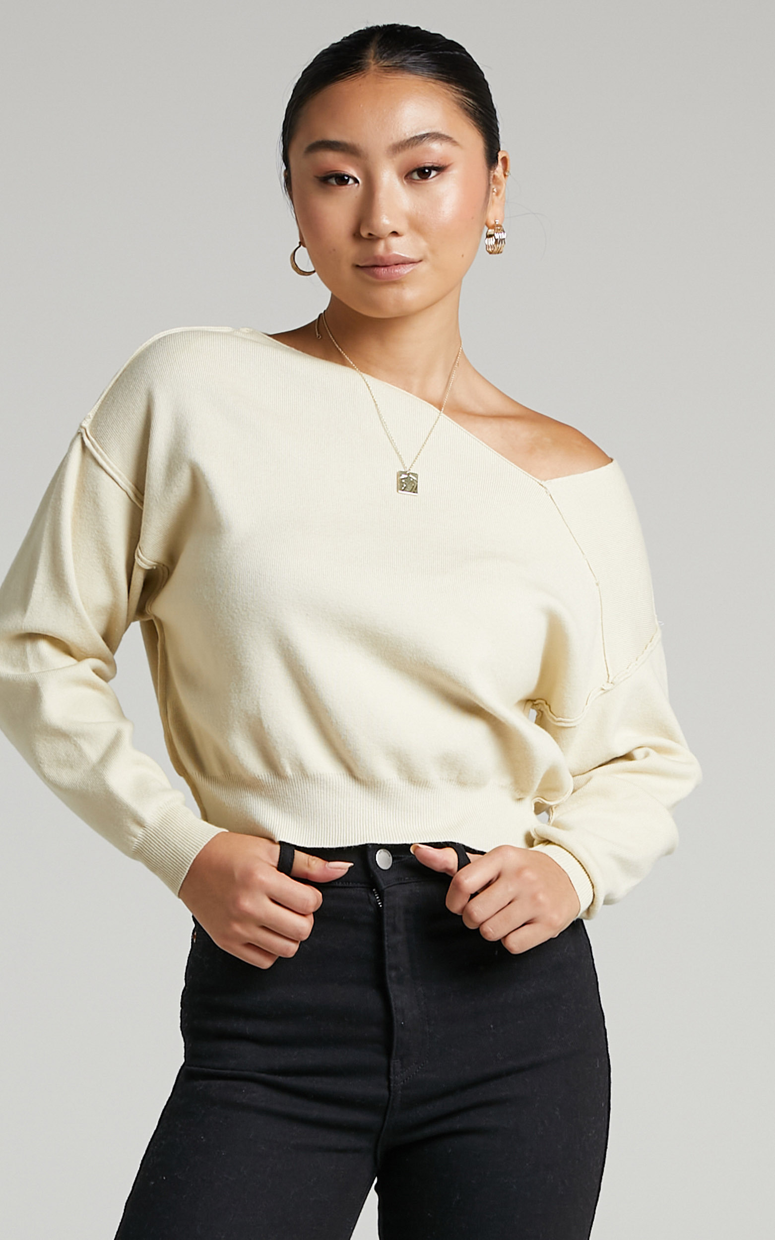 Kamille Asymmetric Side Shoulder Knit Top in Off White - 04, CRE2, hi-res image number null