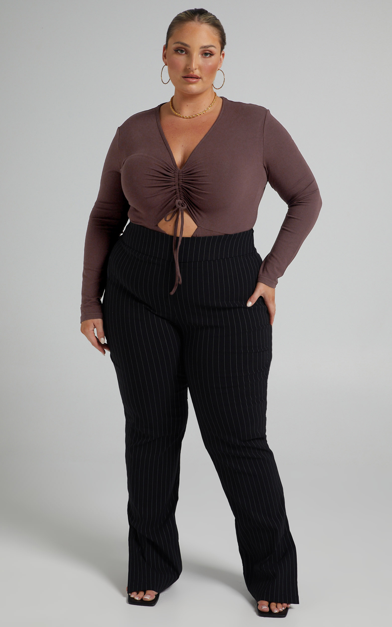 Camila Long Sleeve Ruched Front Bodysuit in Chocolate - 06, BRN1, hi-res image number null