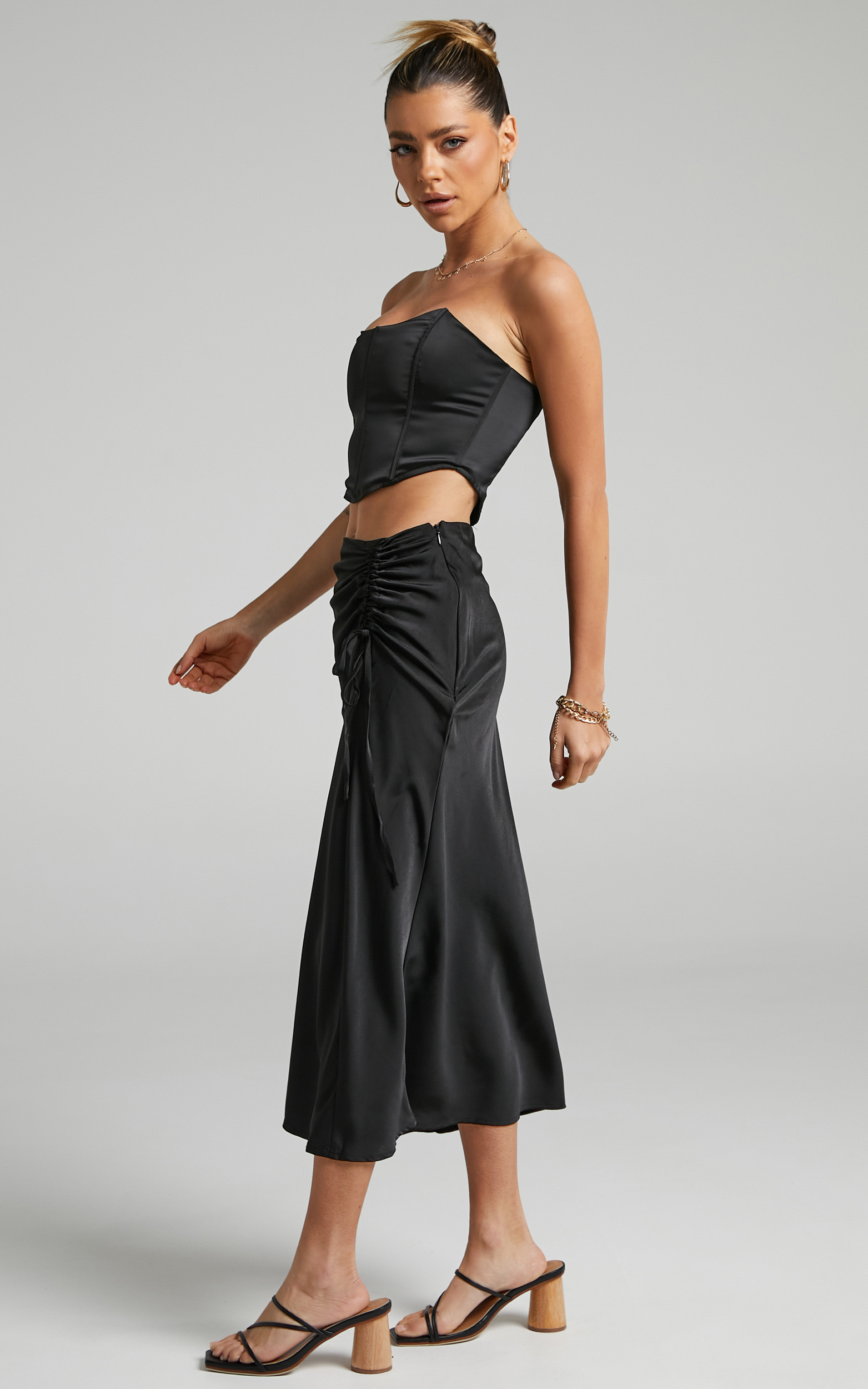 Zaylin Midi Skirt - Ruched Side Satin Slip Skirt in Black - 04, BLK3, hi-res image number null