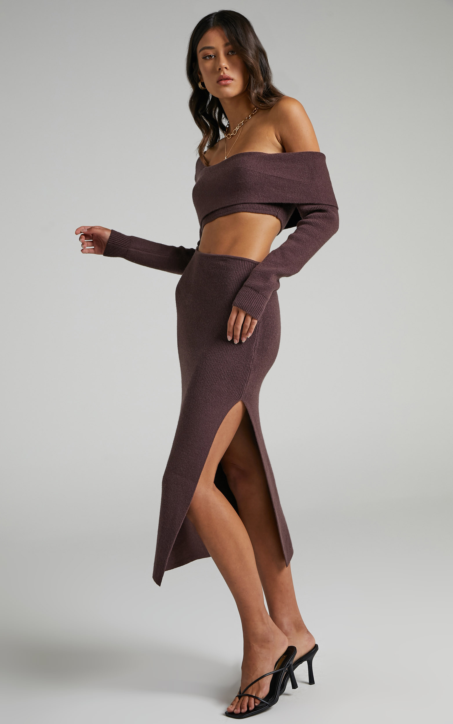 Alabama Midi Dress - Off One Shoulder Asymmetric Long Sleeve Knit Dress in Chocolate - 06, BRN3, hi-res image number null