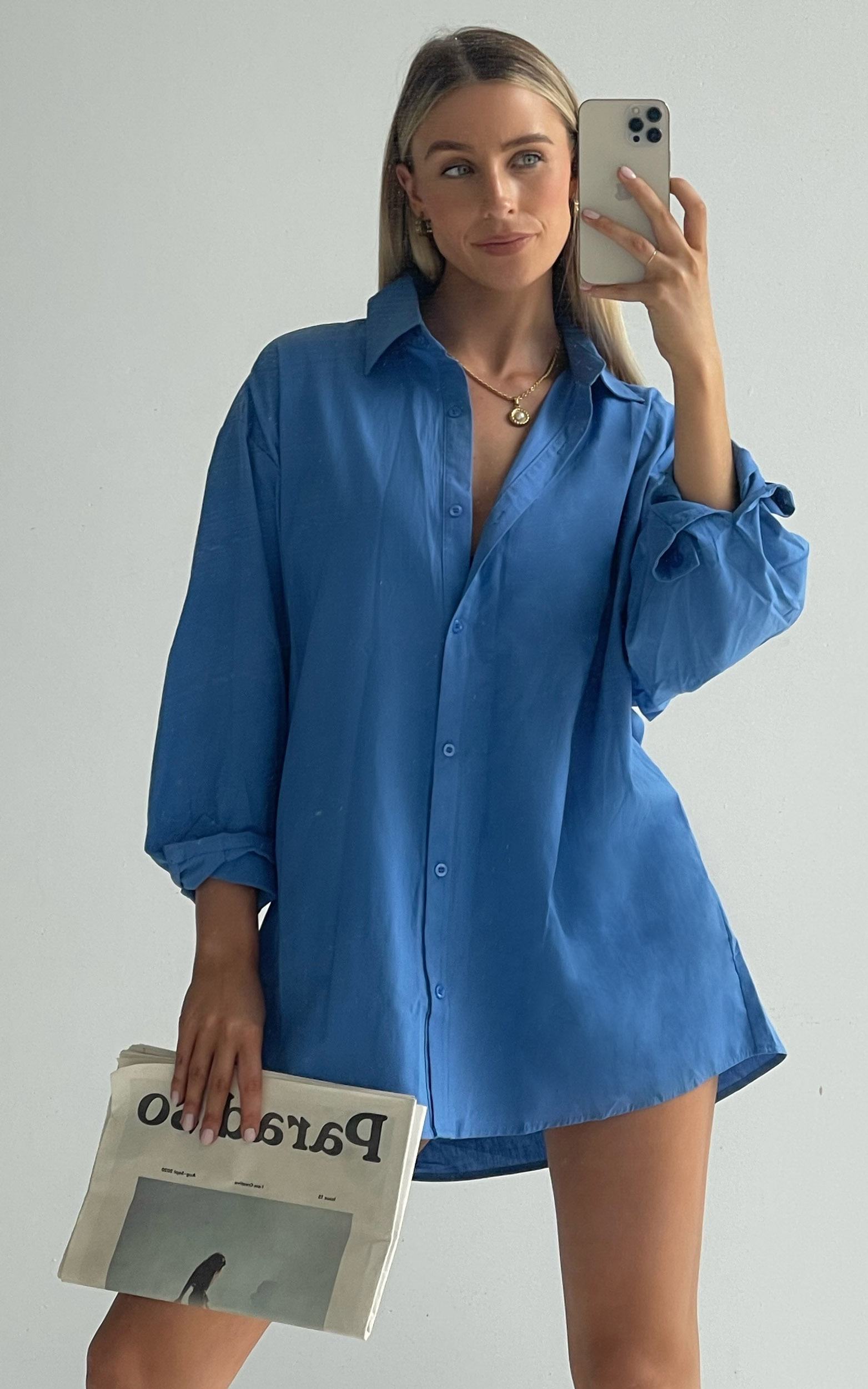 Harriet Oversized Long Sleeve Button Up Shirt in Blue - 04, BLU1, hi-res image number null