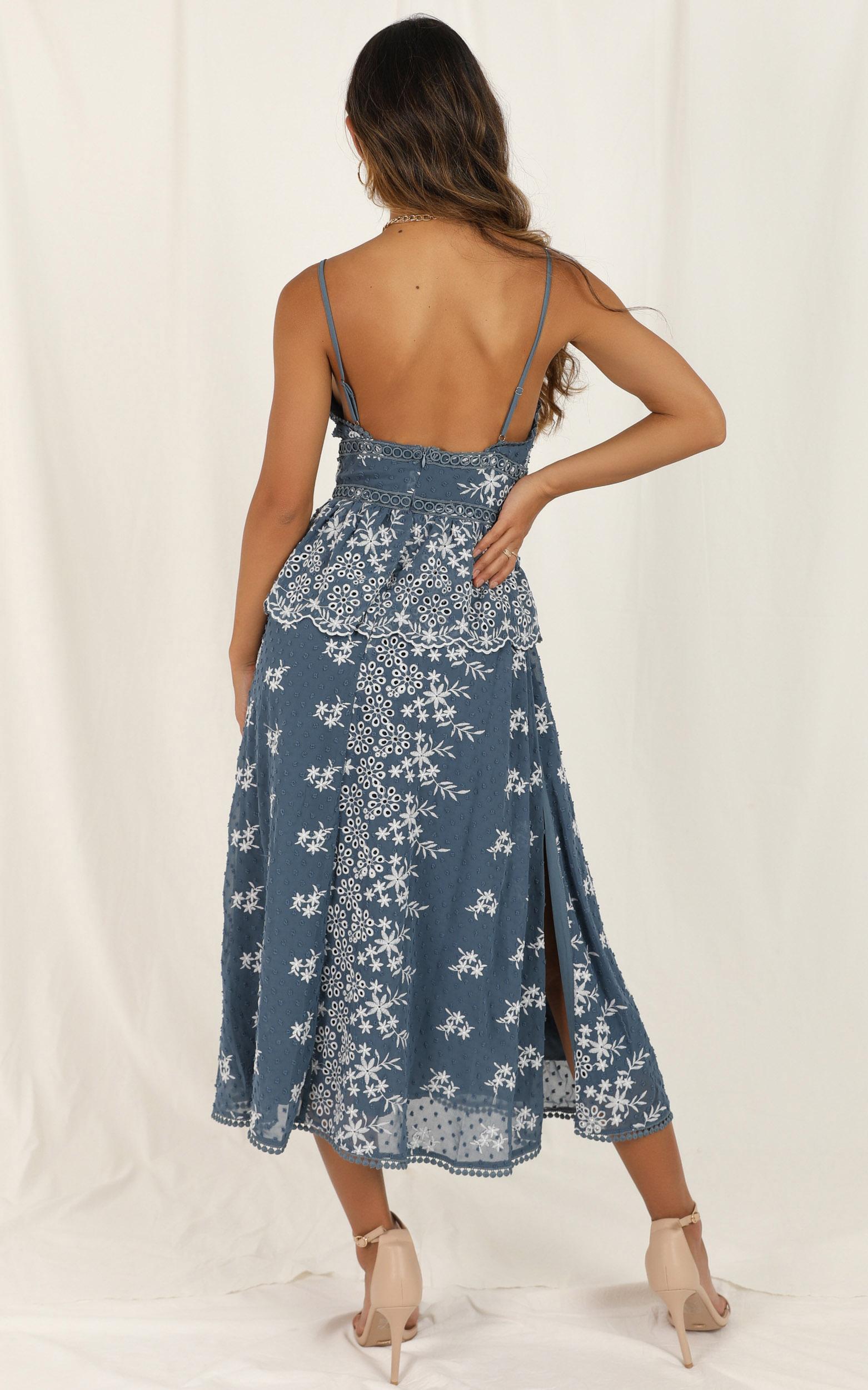Closer To You Dress In Dusty Blue Embroidery | Showpo