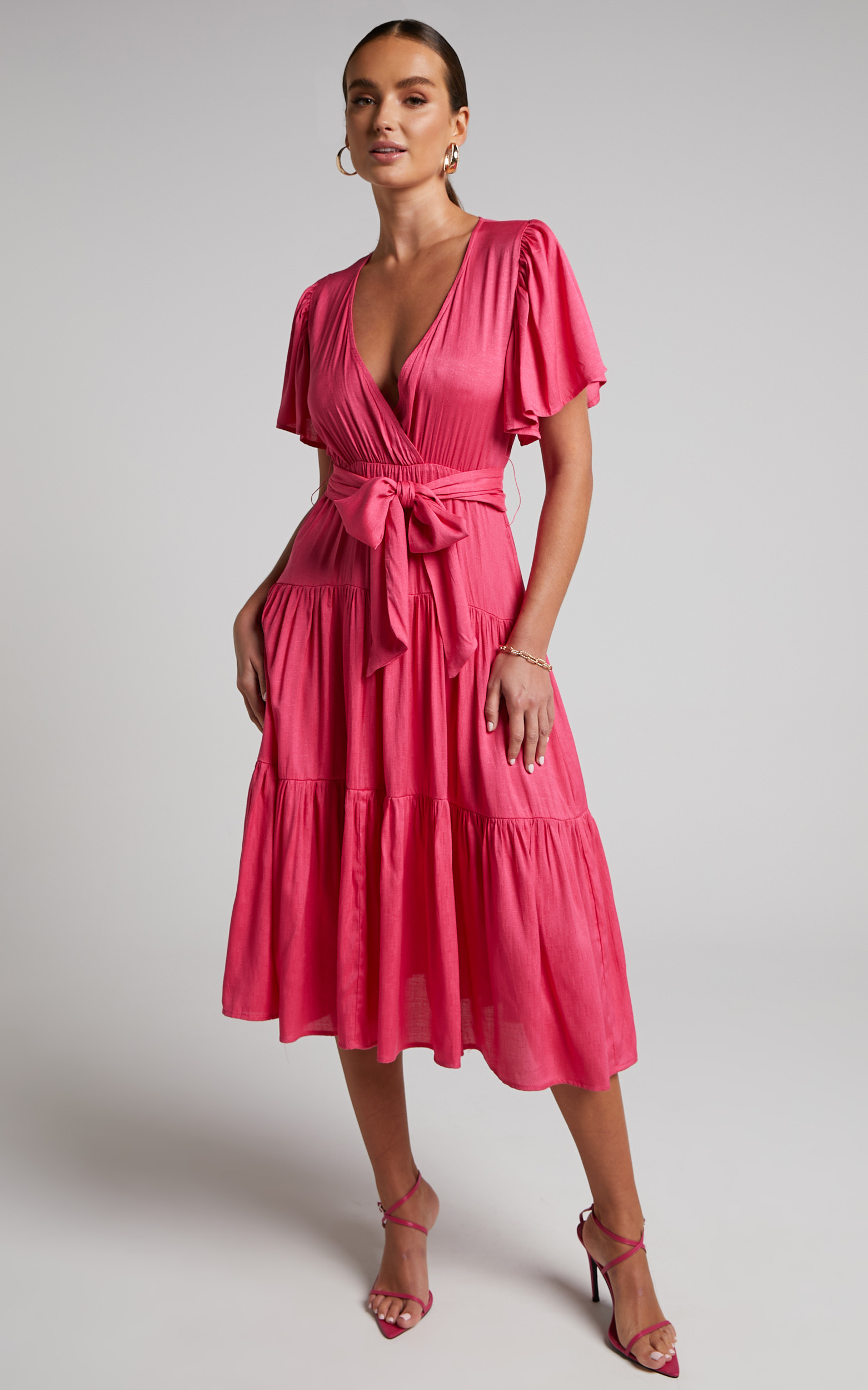 Marielle Midi Dress - Wrap Bodice Tiered Belted Dress in Pink - 06, PNK1, hi-res image number null