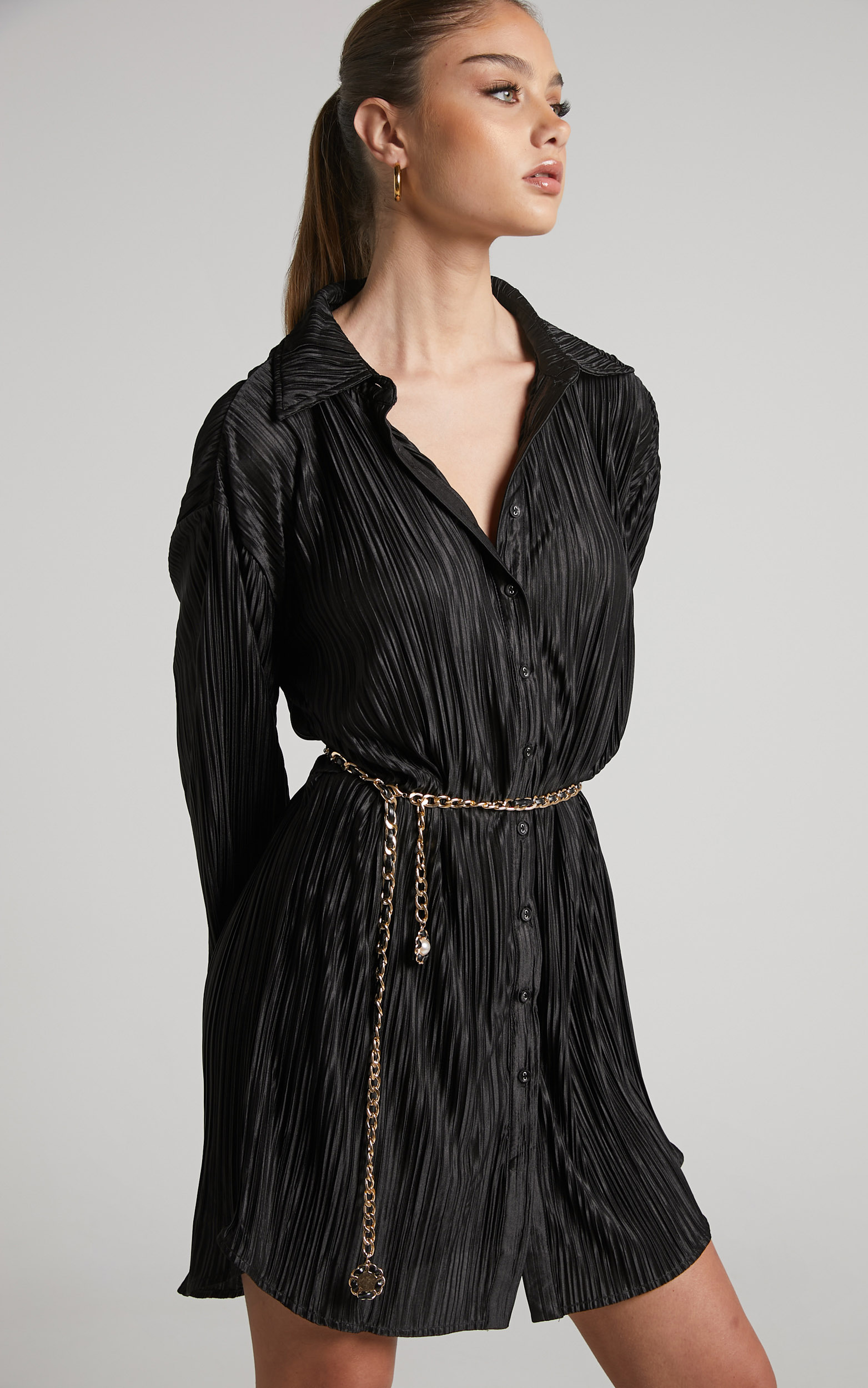 Beca Mini Dress - Crinkle Button Up Shirt Dress in Black - 04, BLK1, hi-res image number null