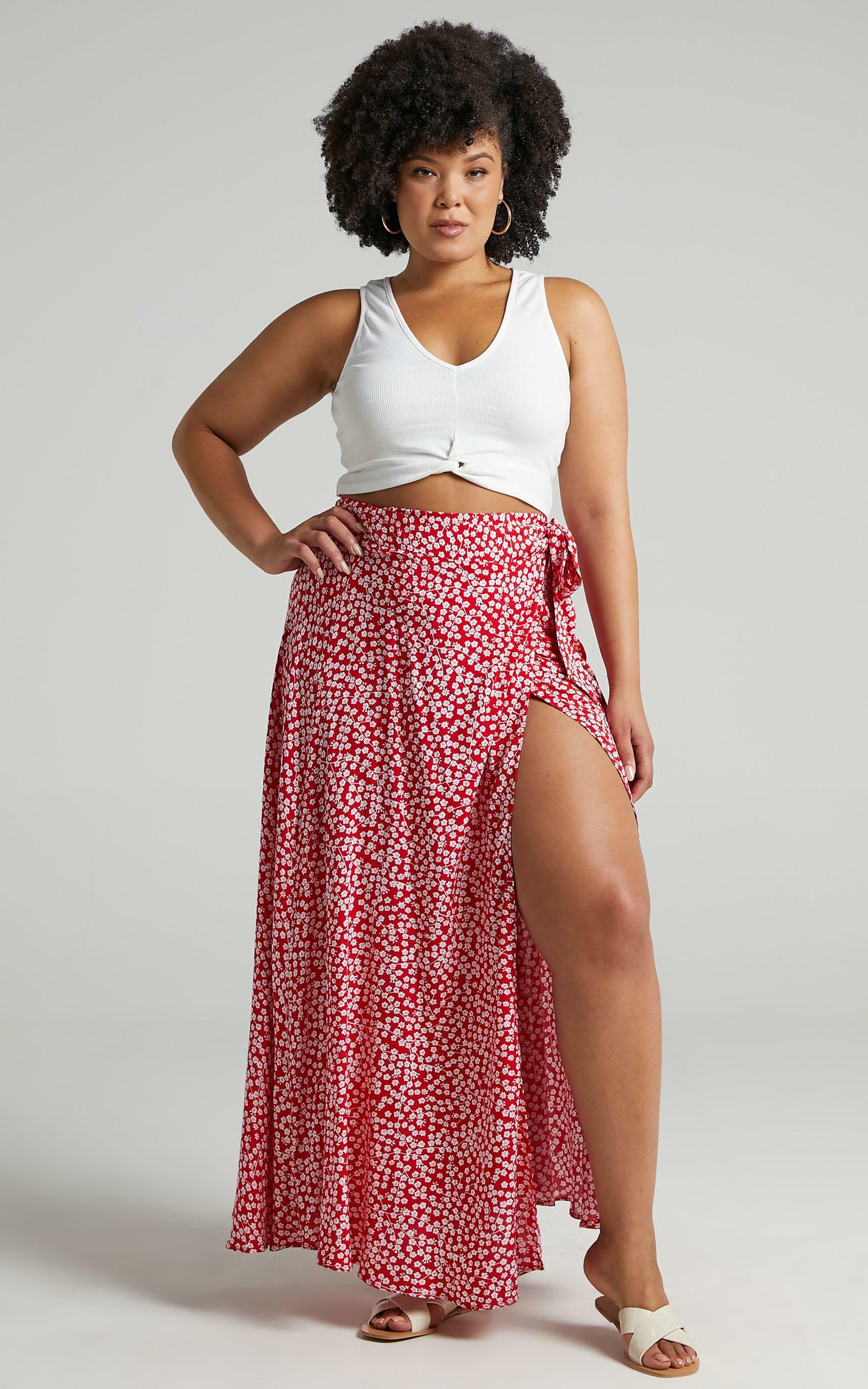Break A Leg Wrap Thigh Split Maxi Skirt in Red Floral - 20, RED6, hi-res image number null