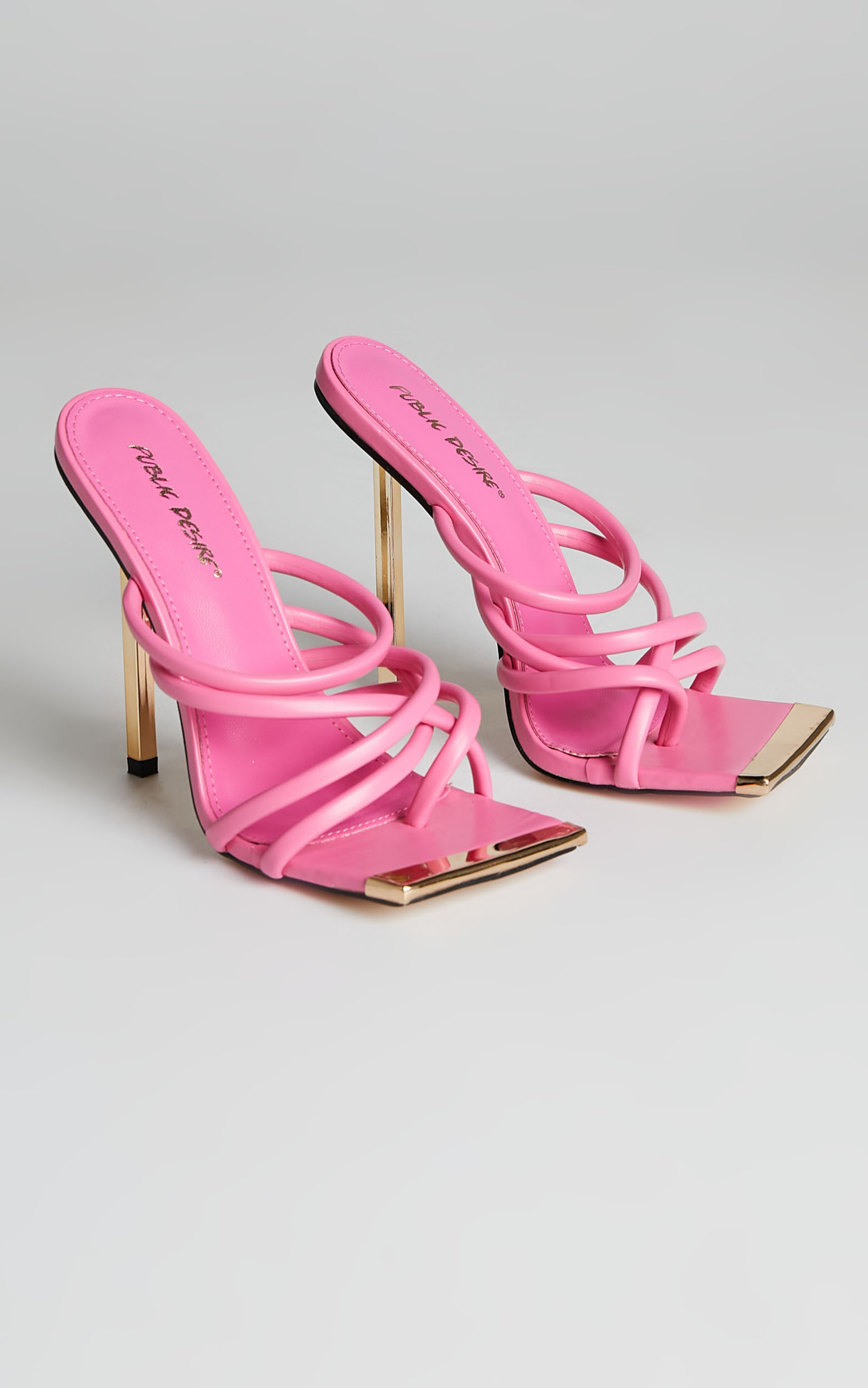 Public Desire - Coincidence Strappy Square Toe Metallic Stiletto Heels in Pink - 05, PNK1, hi-res image number null