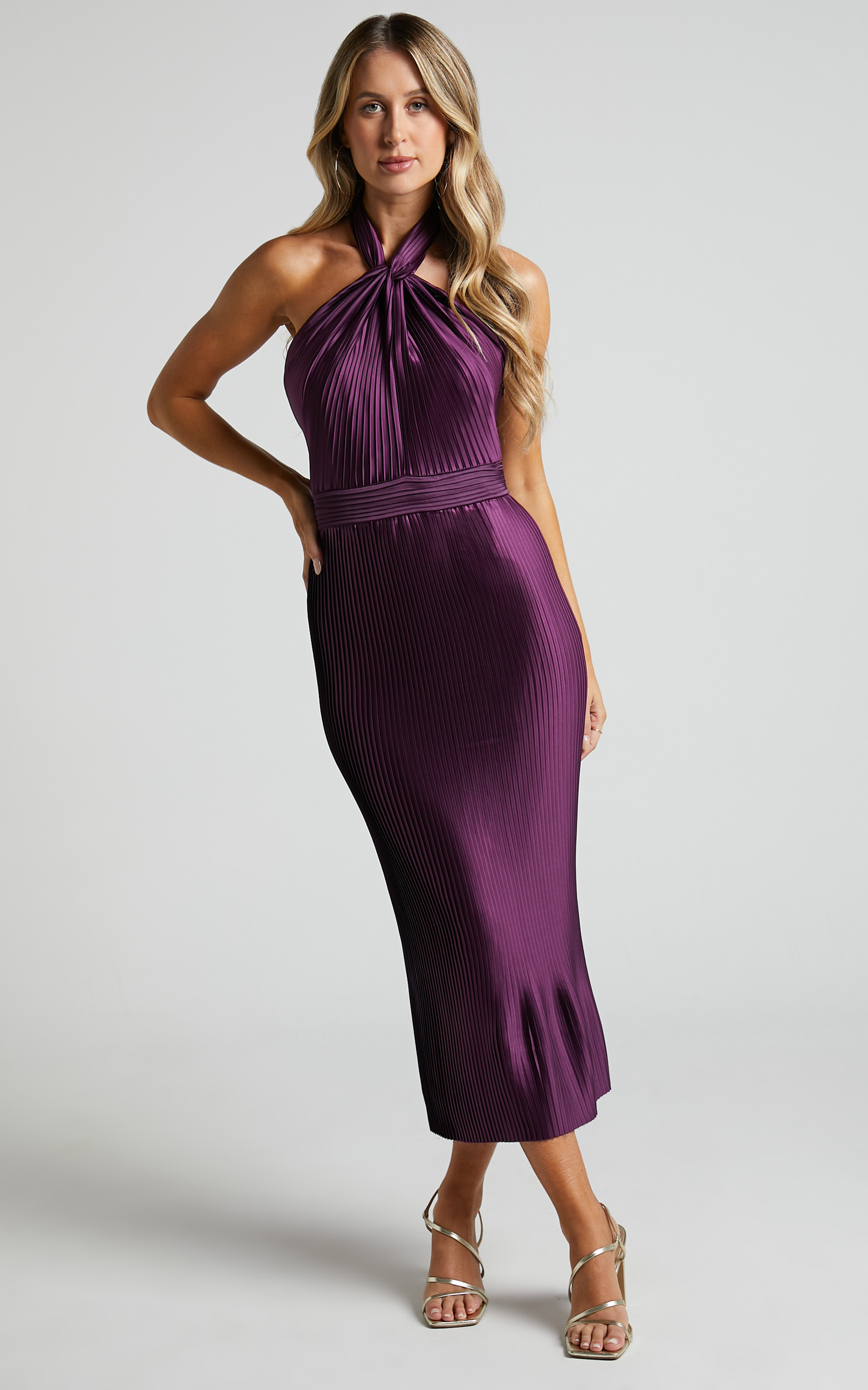 Marlette Midi Dress - Pleated Open Back Halter Dress in Aubergine - 04, WNE1, hi-res image number null