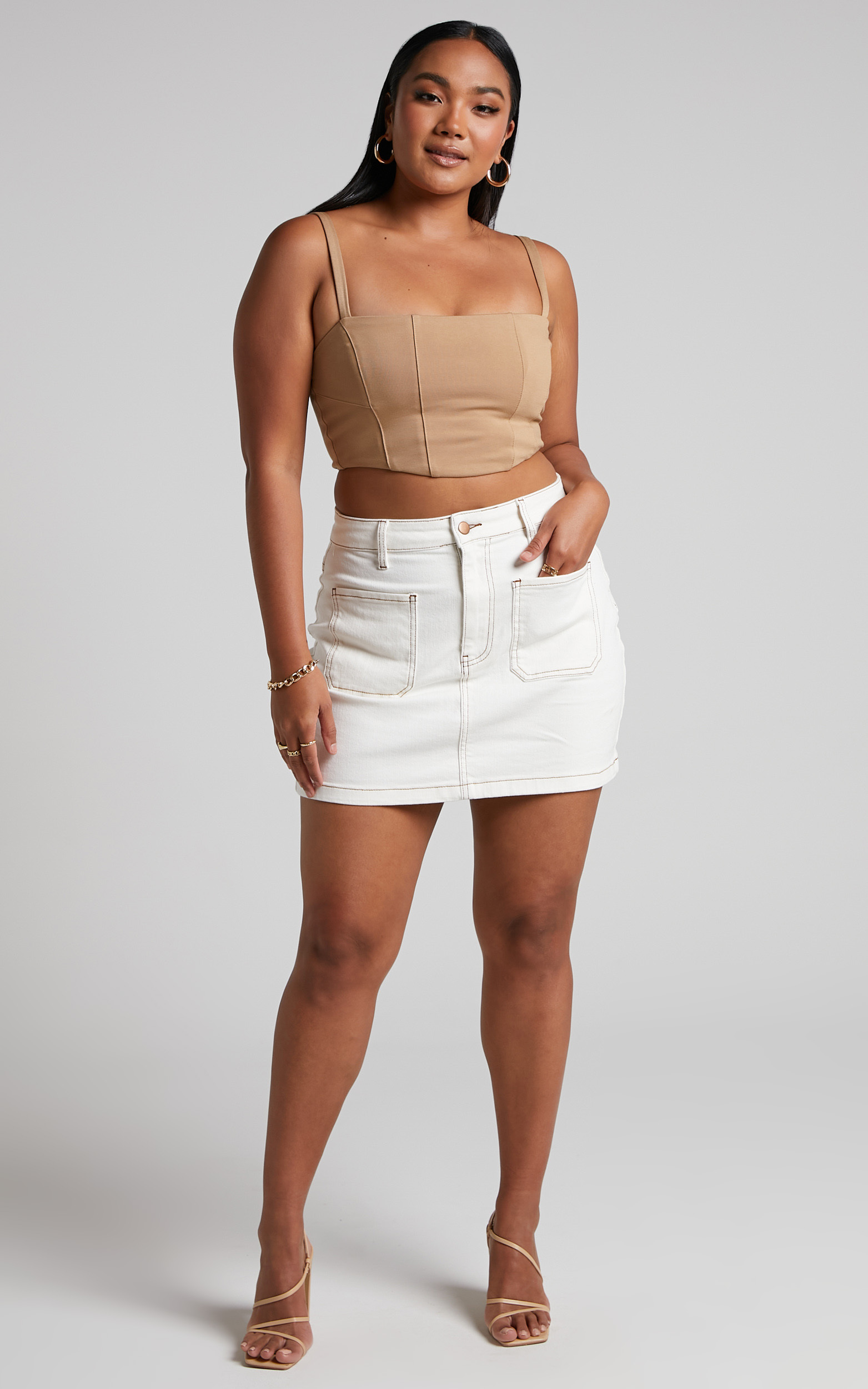 Malcolm Mini Skirt - Contrast Stitch A-line Denim Skirt in White - 04, WHT1, hi-res image number null