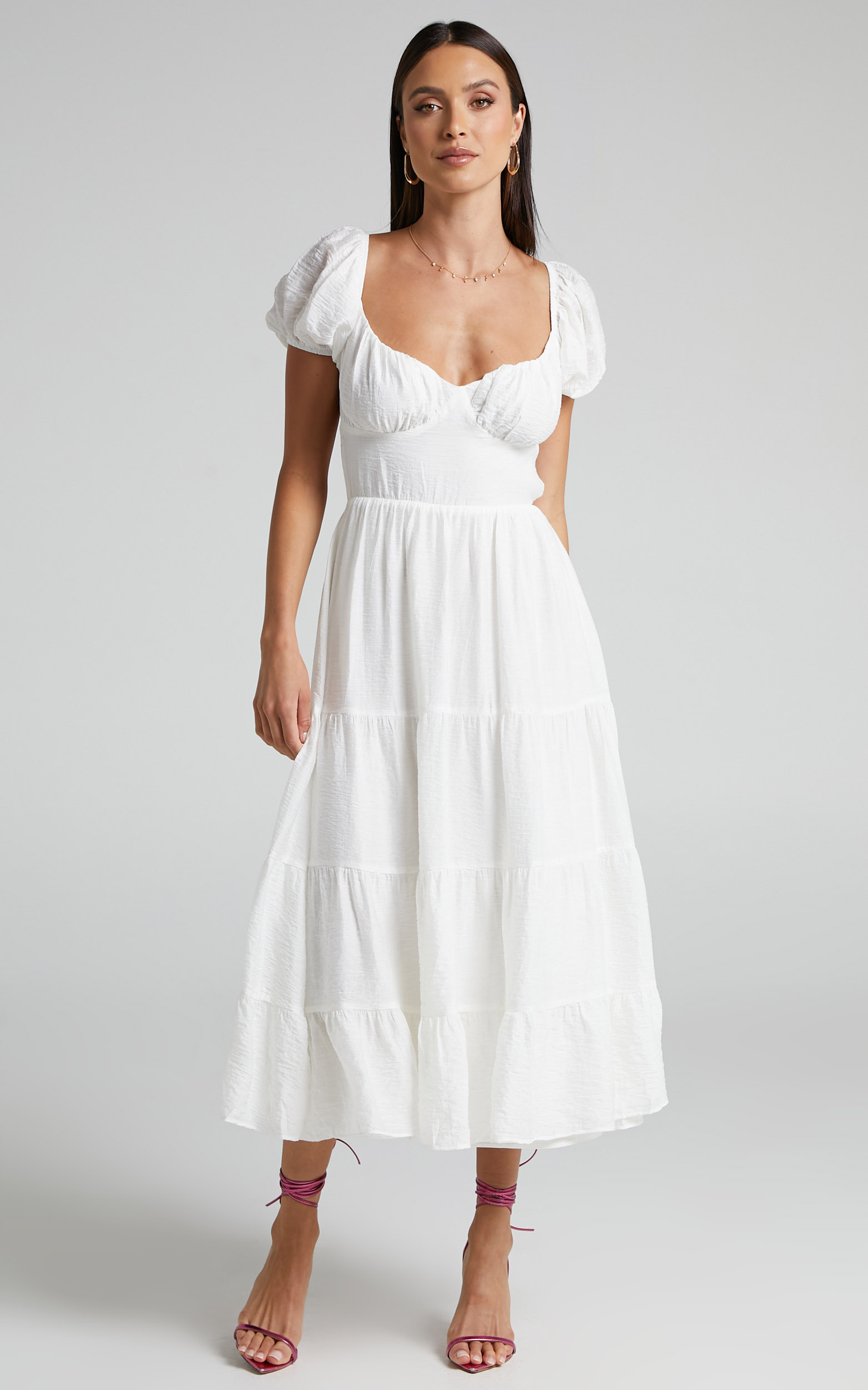Anita Puff Sleeve Tiered Midi Dress in White - 06, WHT1, hi-res image number null