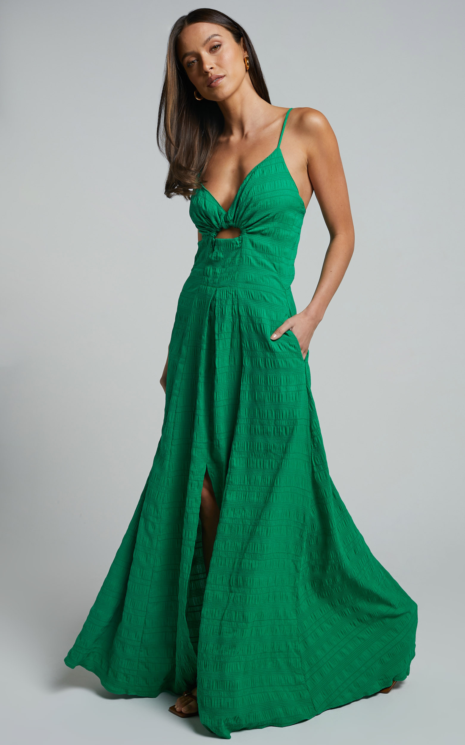 Marisse Maxi Dress - Cut Out Front Split Cross Back Textured Dress in Green - 06, GRN1, hi-res image number null