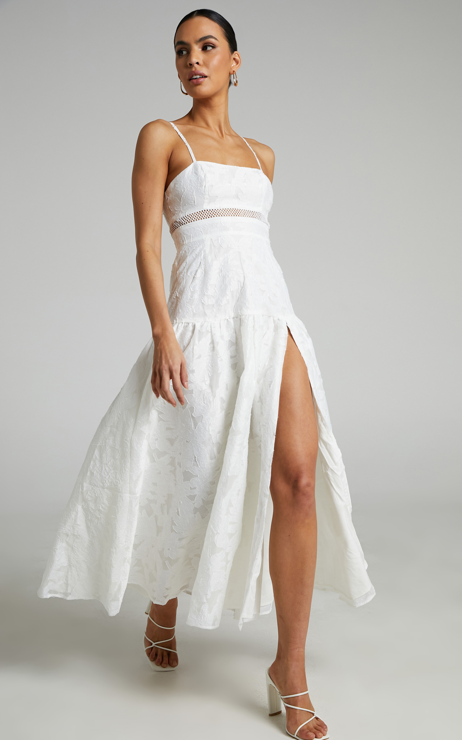 Isabel Trim Detail Thigh Split Drop Waist Midi Dress in White - 12, WHT1, hi-res image number null