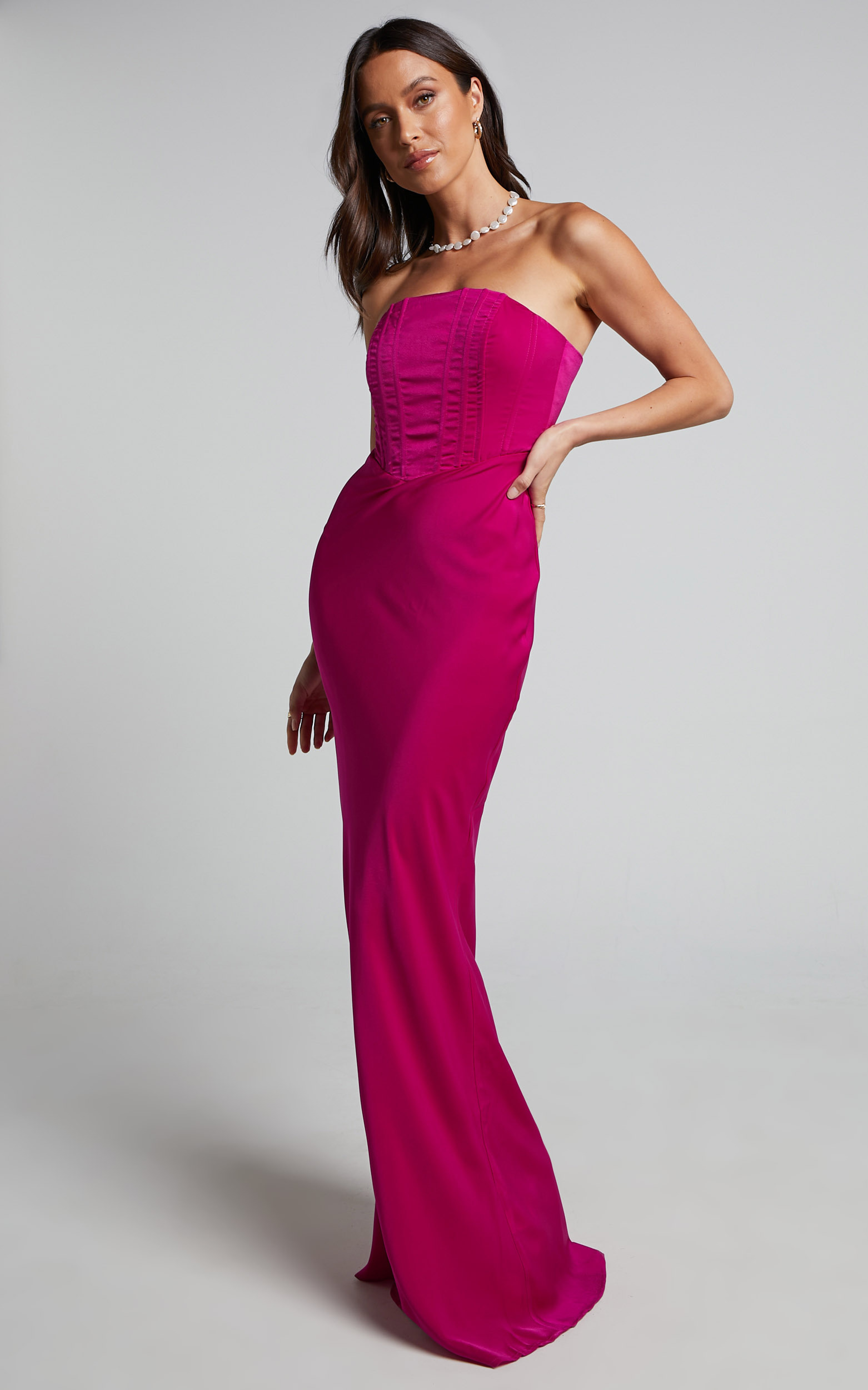 Scarlett Maxi Dress - Strapless Corset Satin Dress in Fuchsia - 04, PNK1, hi-res image number null